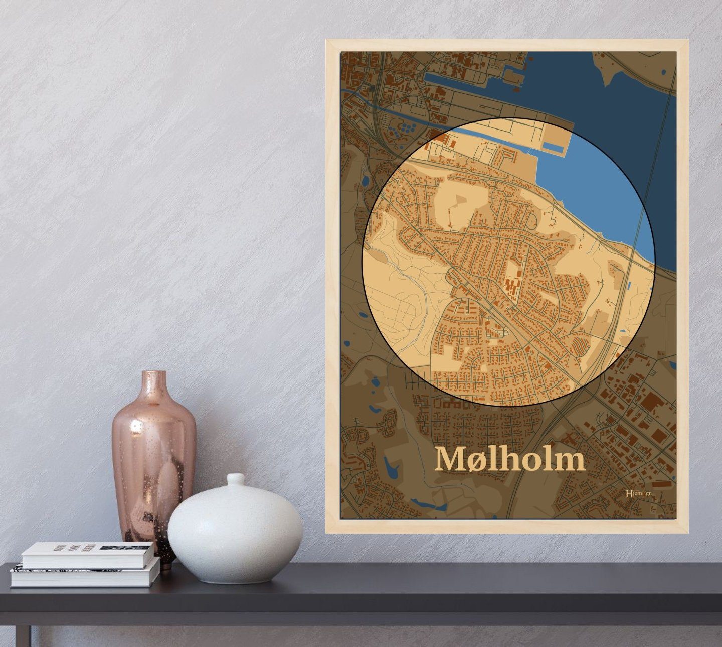 Mølholm plakat i farve  og HjemEgn.dk design centrum. Design bykort for Mølholm