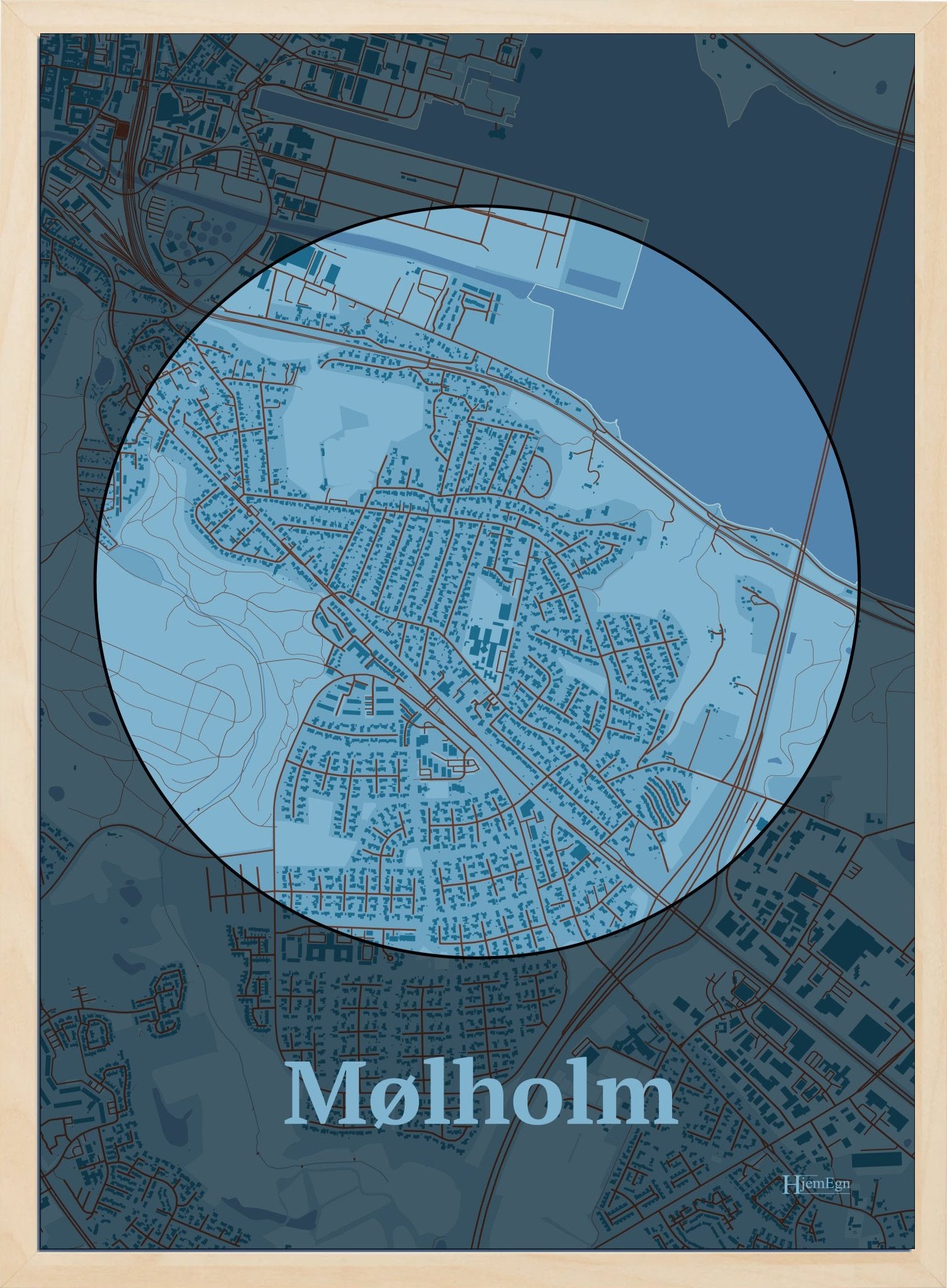 Mølholm plakat i farve pastel blå og HjemEgn.dk design centrum. Design bykort for Mølholm