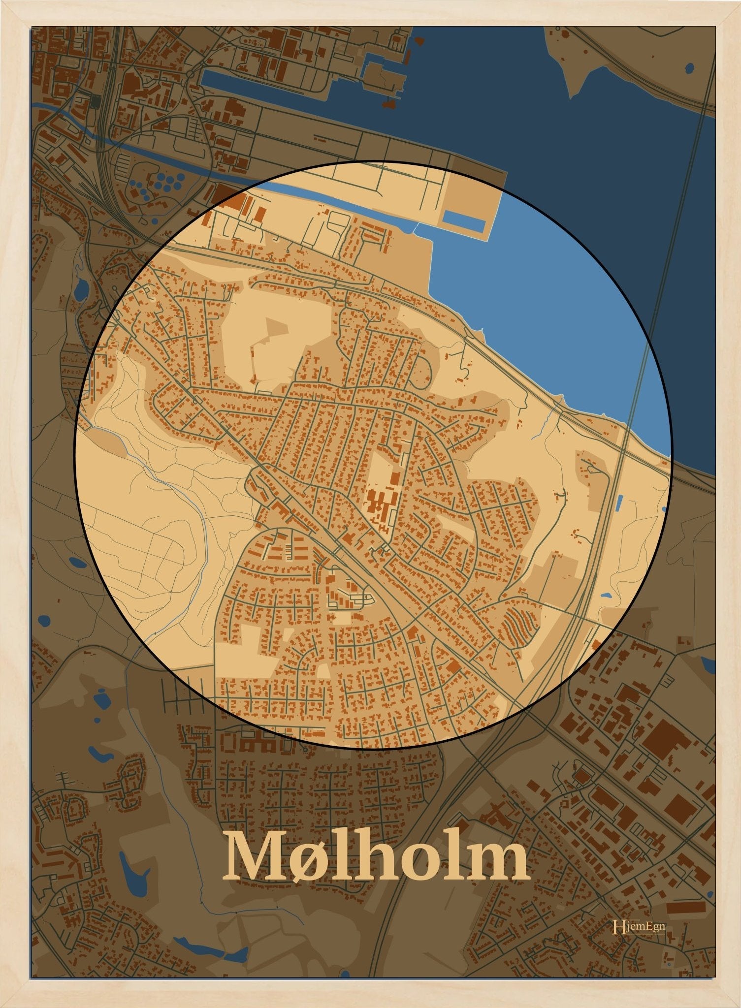 Mølholm plakat i farve pastel brun og HjemEgn.dk design centrum. Design bykort for Mølholm