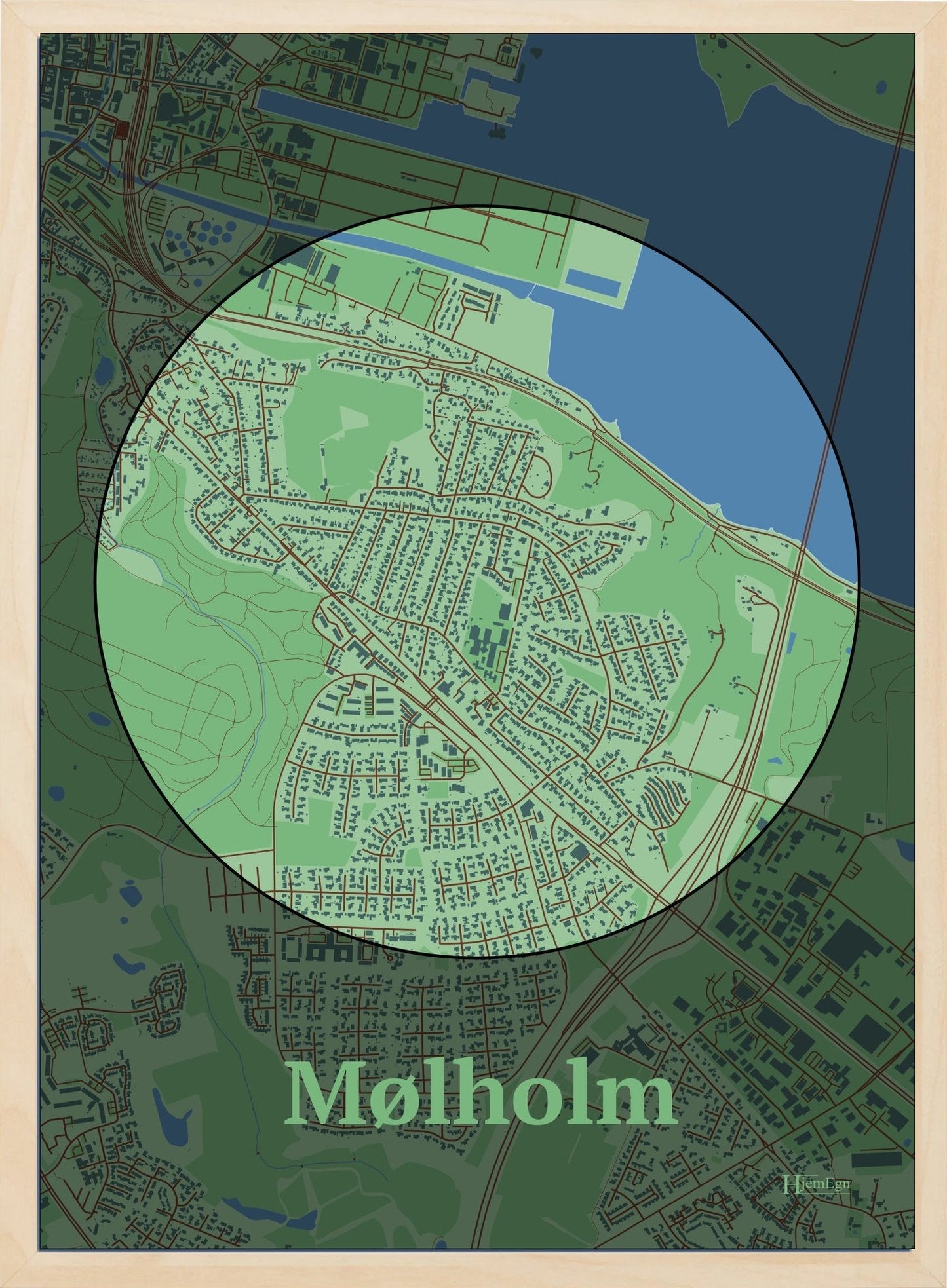 Mølholm plakat i farve pastel grøn og HjemEgn.dk design centrum. Design bykort for Mølholm