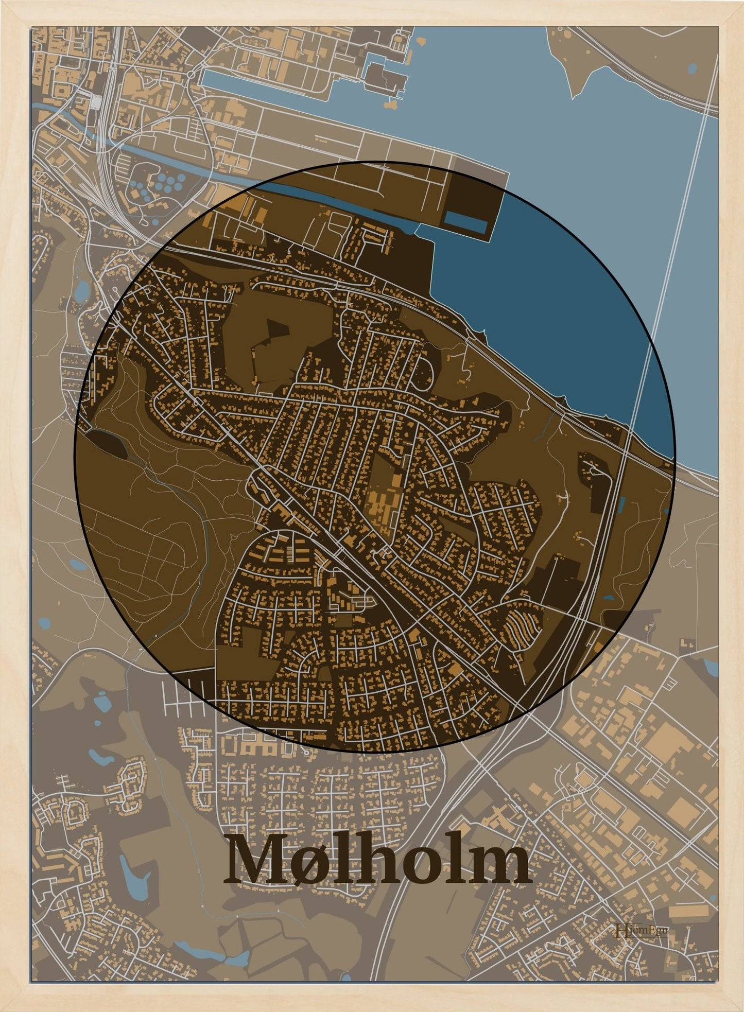 Mølholm plakat i farve mørk brun og HjemEgn.dk design centrum. Design bykort for Mølholm