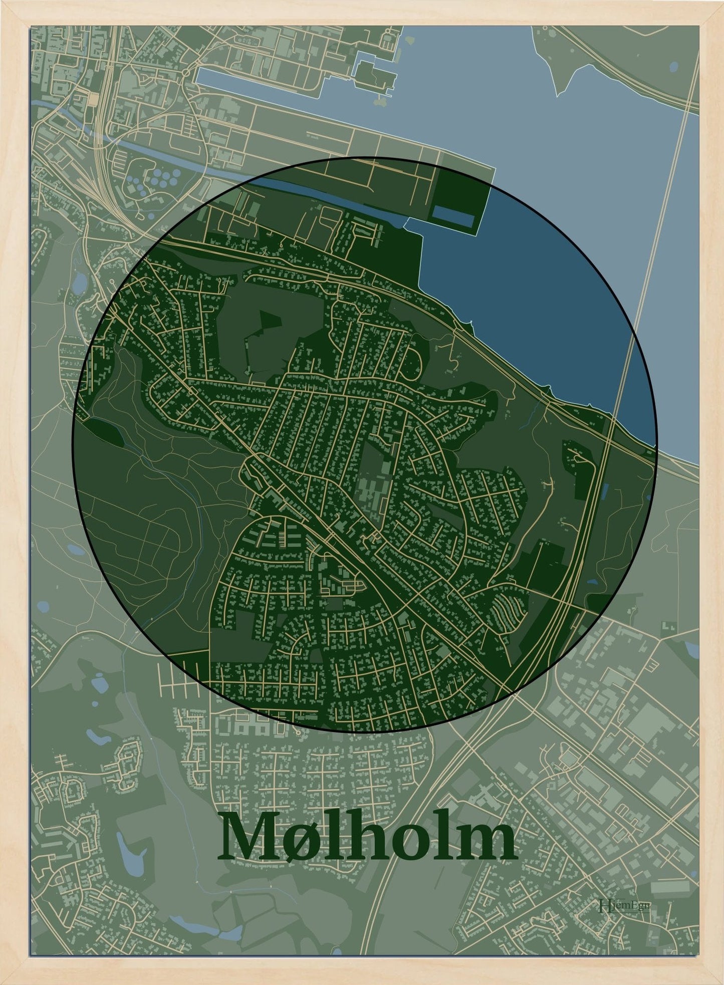 Mølholm plakat i farve mørk grøn og HjemEgn.dk design centrum. Design bykort for Mølholm