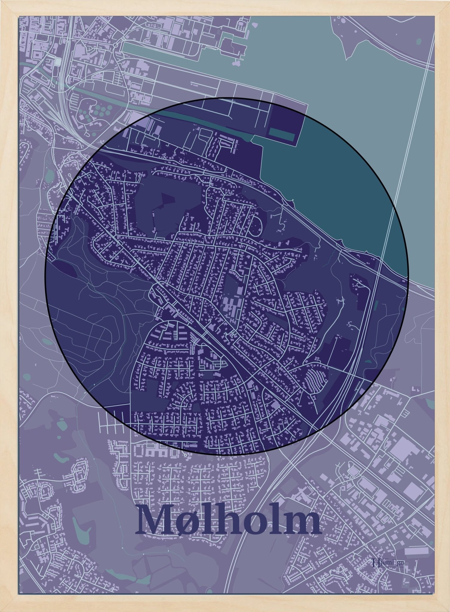 Mølholm plakat i farve mørk lilla og HjemEgn.dk design centrum. Design bykort for Mølholm