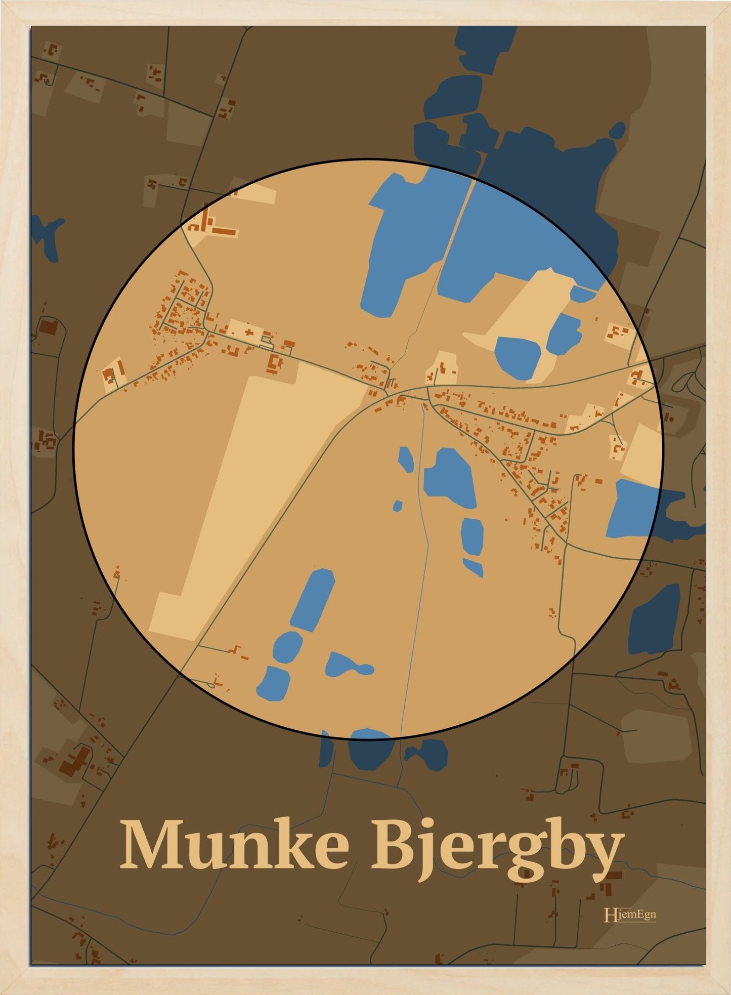 Munke Bjergby plakat i farve pastel brun og HjemEgn.dk design centrum. Design bykort for Munke Bjergby