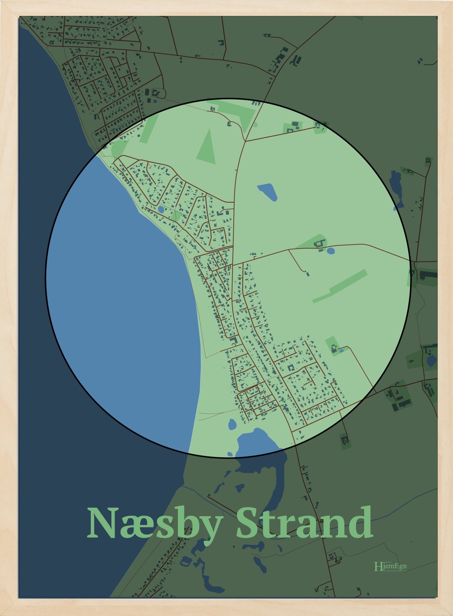 Næsby Strand plakat i farve pastel grøn og HjemEgn.dk design centrum. Design bykort for Næsby Strand