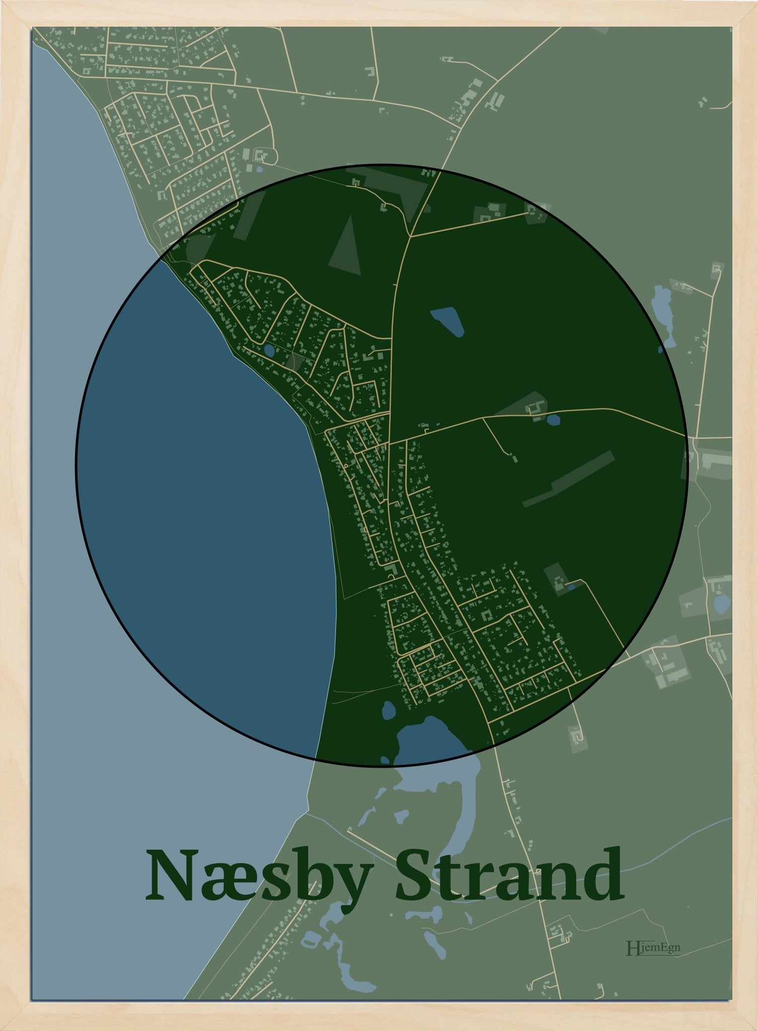 Næsby Strand plakat i farve mørk grøn og HjemEgn.dk design centrum. Design bykort for Næsby Strand