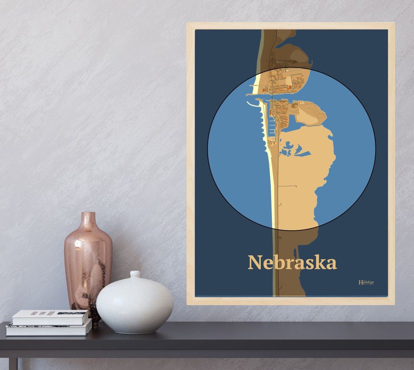 Nebraska Tema:øjet plakat i farve  og HjemEgn.dk design centrum. Design bykort for Nebraska Tema:øjet
