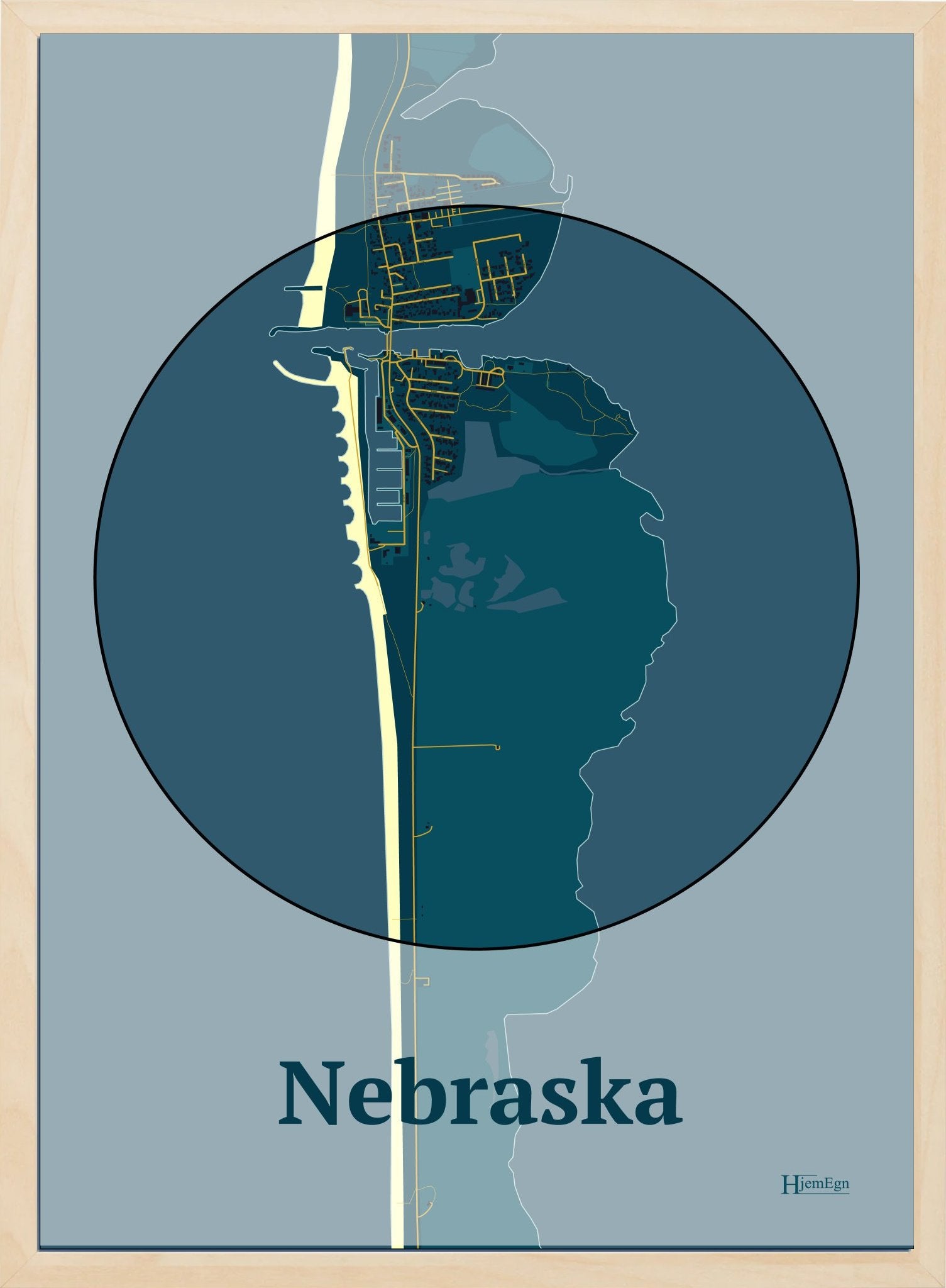 Nebraska Tema:øjet plakat i farve mørk blå og HjemEgn.dk design centrum. Design bykort for Nebraska Tema:øjet