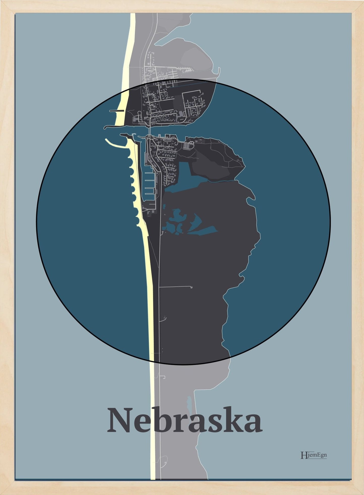 Nebraska Tema:øjet plakat i farve mørk brun og HjemEgn.dk design centrum. Design bykort for Nebraska Tema:øjet