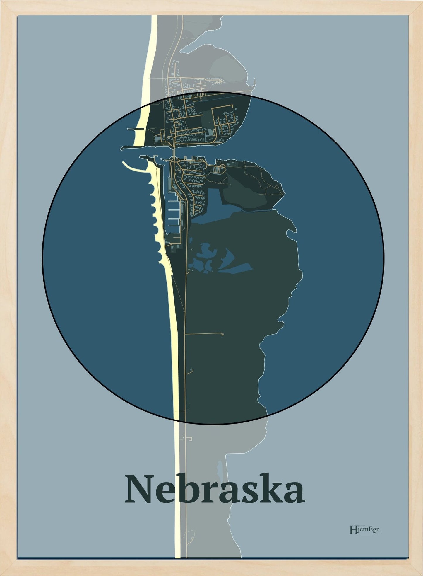 Nebraska Tema:øjet plakat i farve mørk grøn og HjemEgn.dk design centrum. Design bykort for Nebraska Tema:øjet