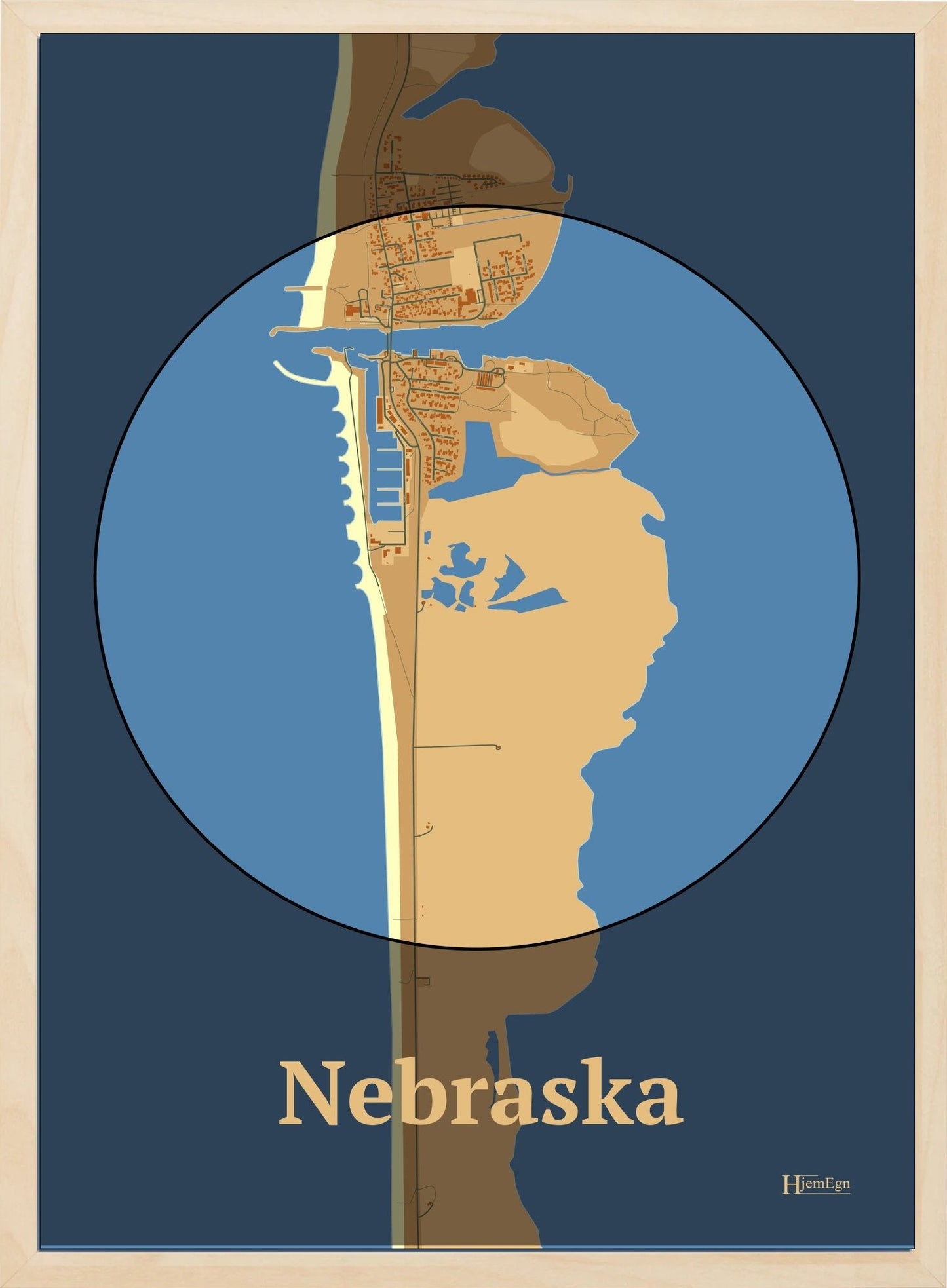 Nebraska Tema:øjet plakat i farve pastel brun og HjemEgn.dk design centrum. Design bykort for Nebraska Tema:øjet