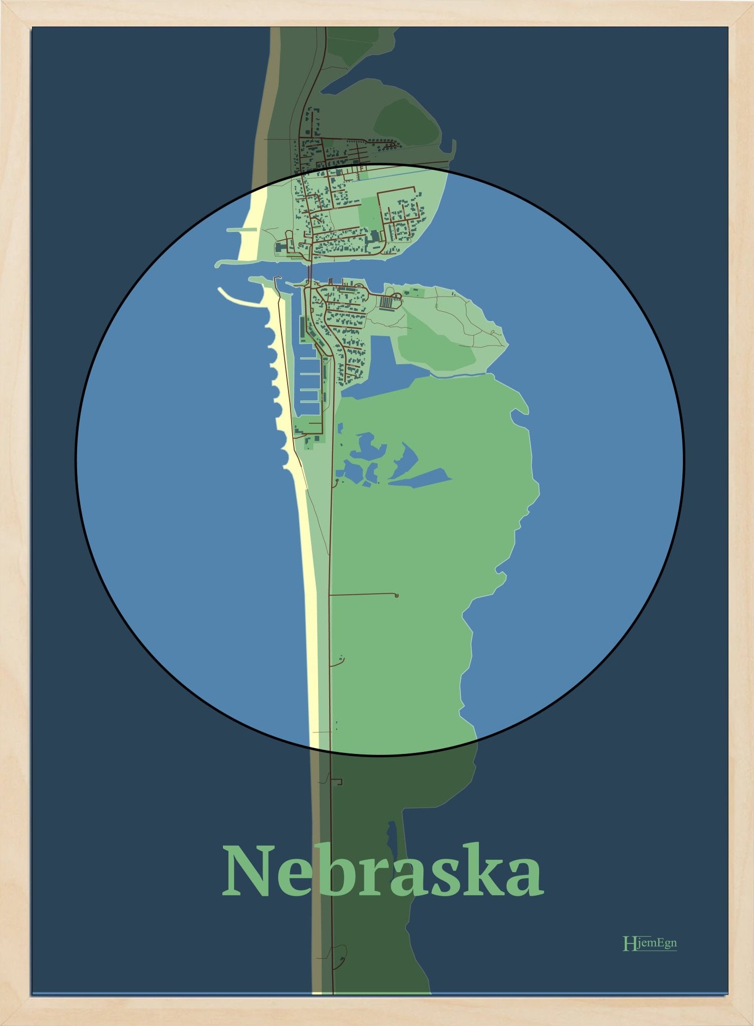 Nebraska Tema:øjet plakat i farve pastel grøn og HjemEgn.dk design centrum. Design bykort for Nebraska Tema:øjet