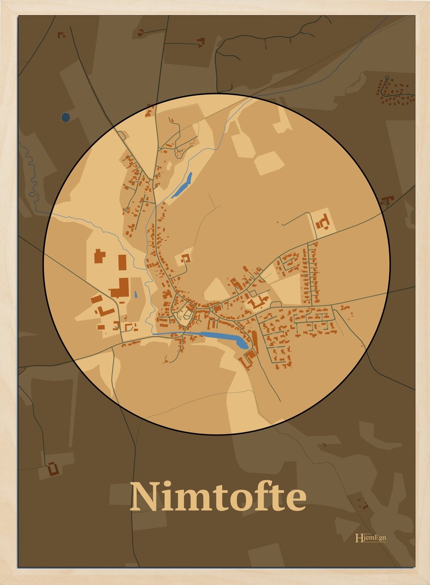 Nimtofte plakat i farve pastel brun og HjemEgn.dk design centrum. Design bykort for Nimtofte