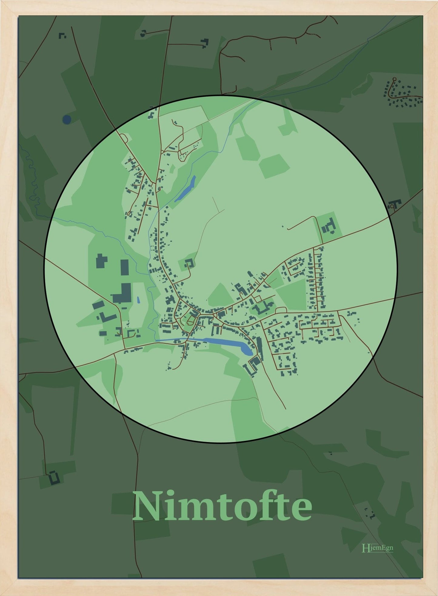 Nimtofte plakat i farve pastel grøn og HjemEgn.dk design centrum. Design bykort for Nimtofte