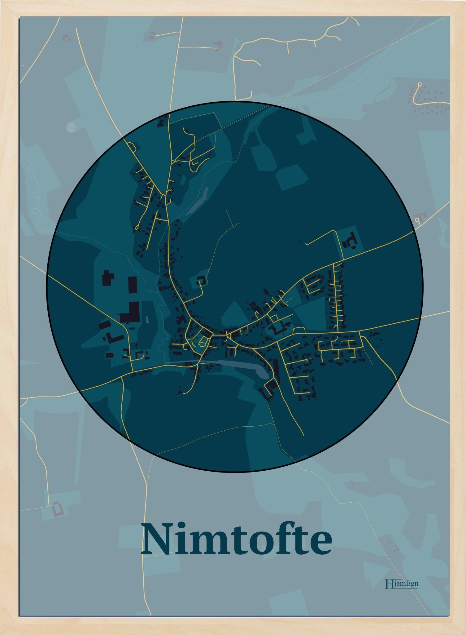 Nimtofte plakat i farve mørk blå og HjemEgn.dk design centrum. Design bykort for Nimtofte
