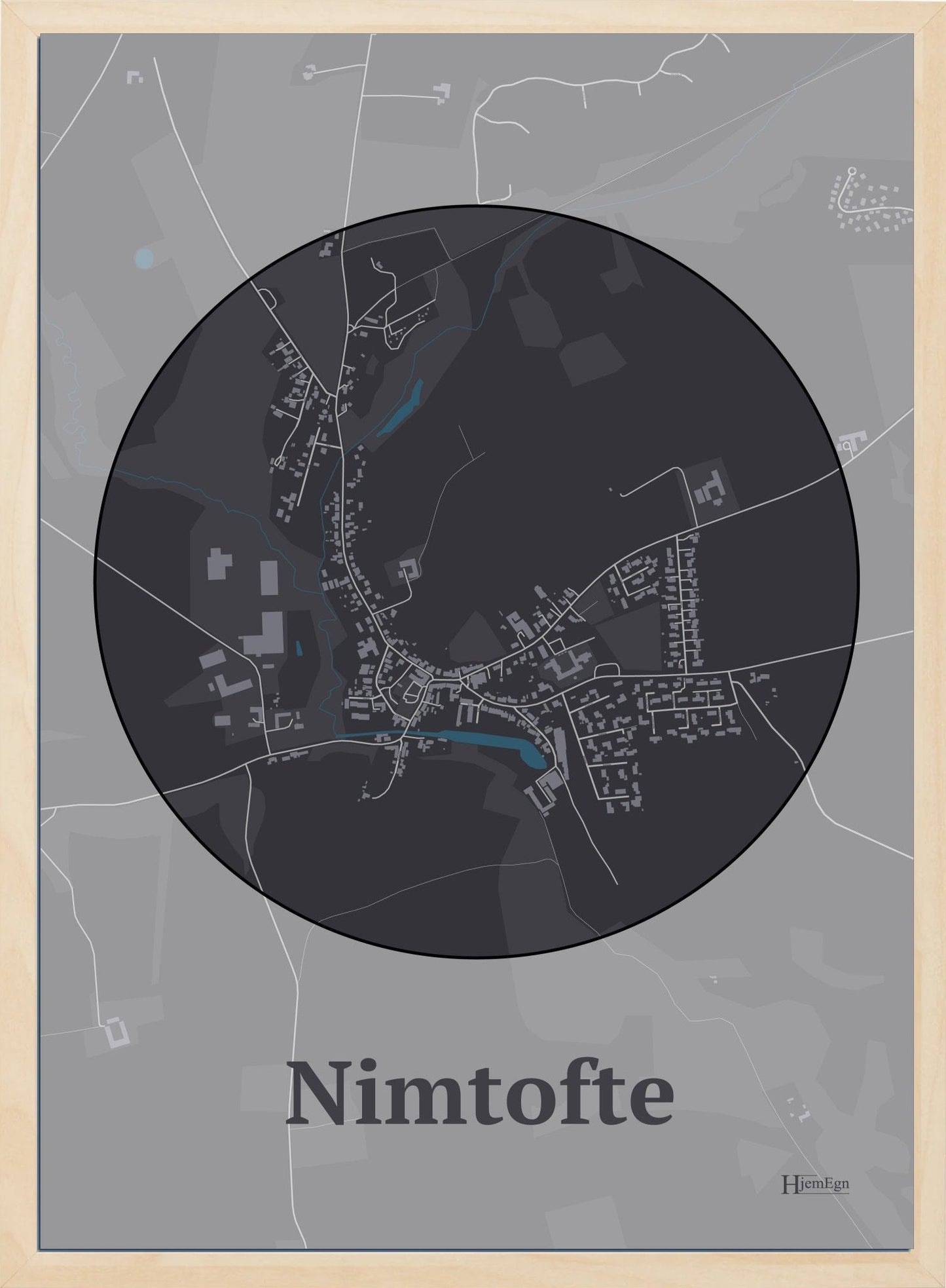 Nimtofte plakat i farve mørk brun og HjemEgn.dk design centrum. Design bykort for Nimtofte