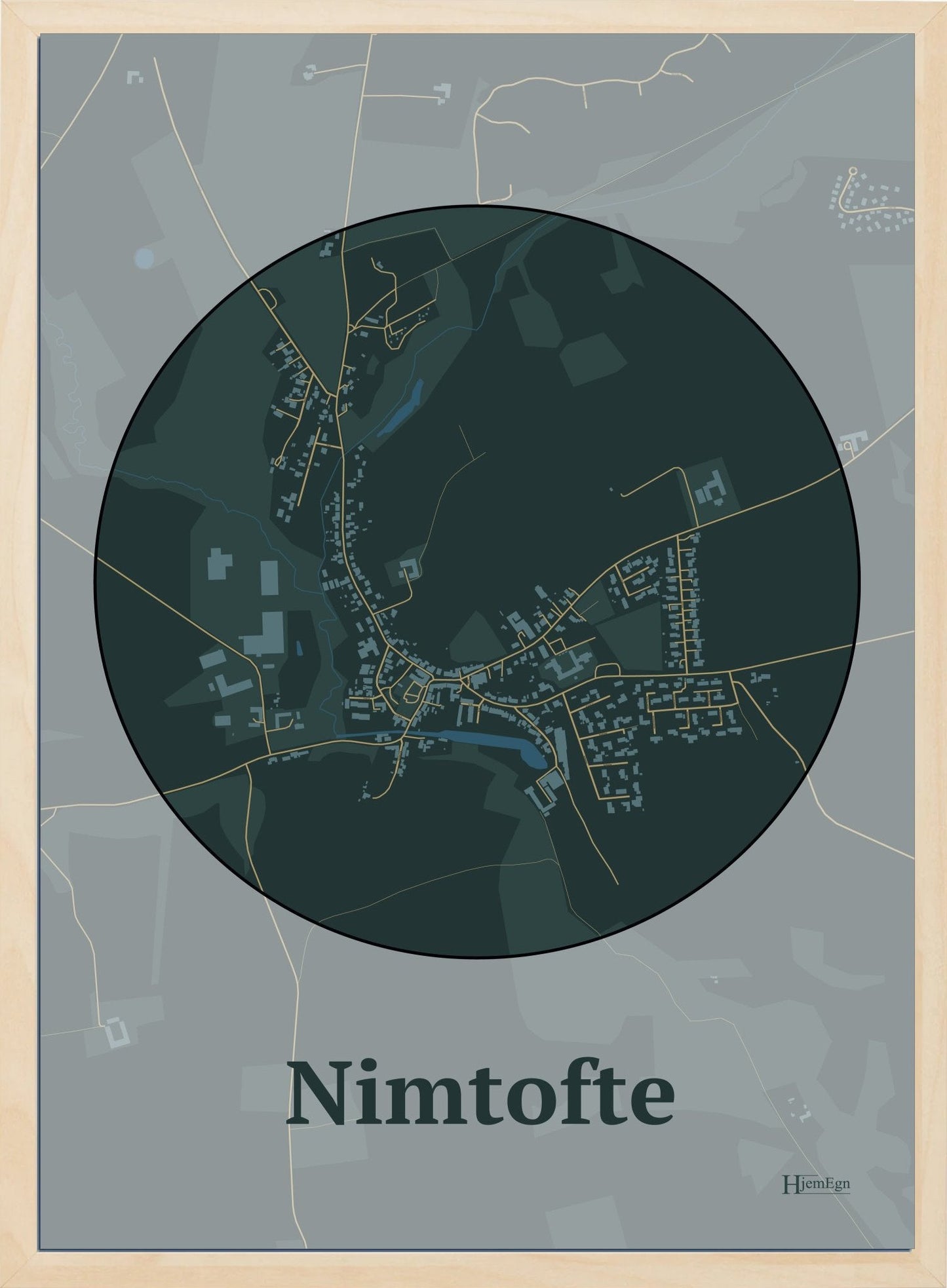 Nimtofte plakat i farve mørk grøn og HjemEgn.dk design centrum. Design bykort for Nimtofte