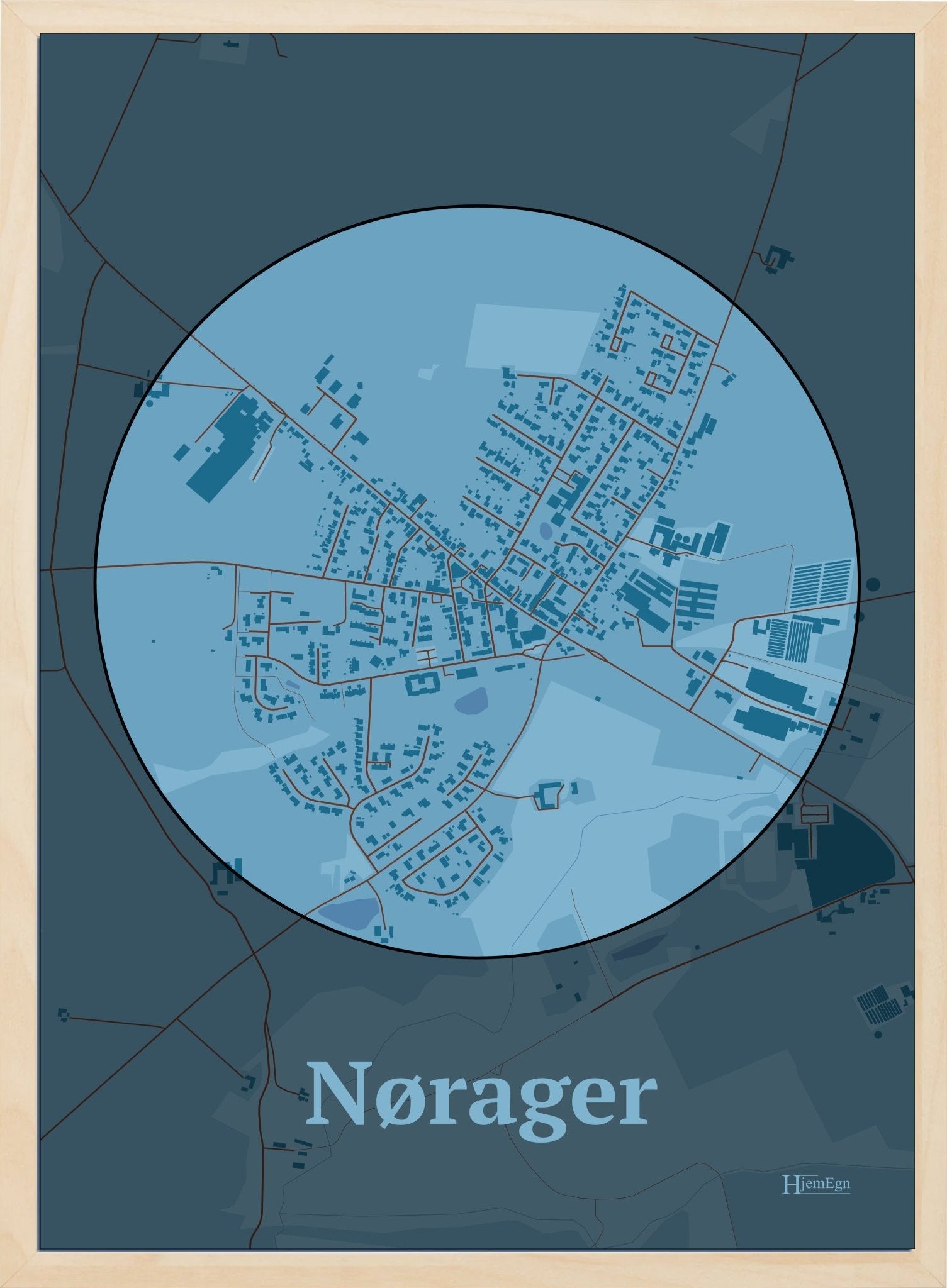 Nørager plakat i farve pastel blå og HjemEgn.dk design centrum. Design bykort for Nørager