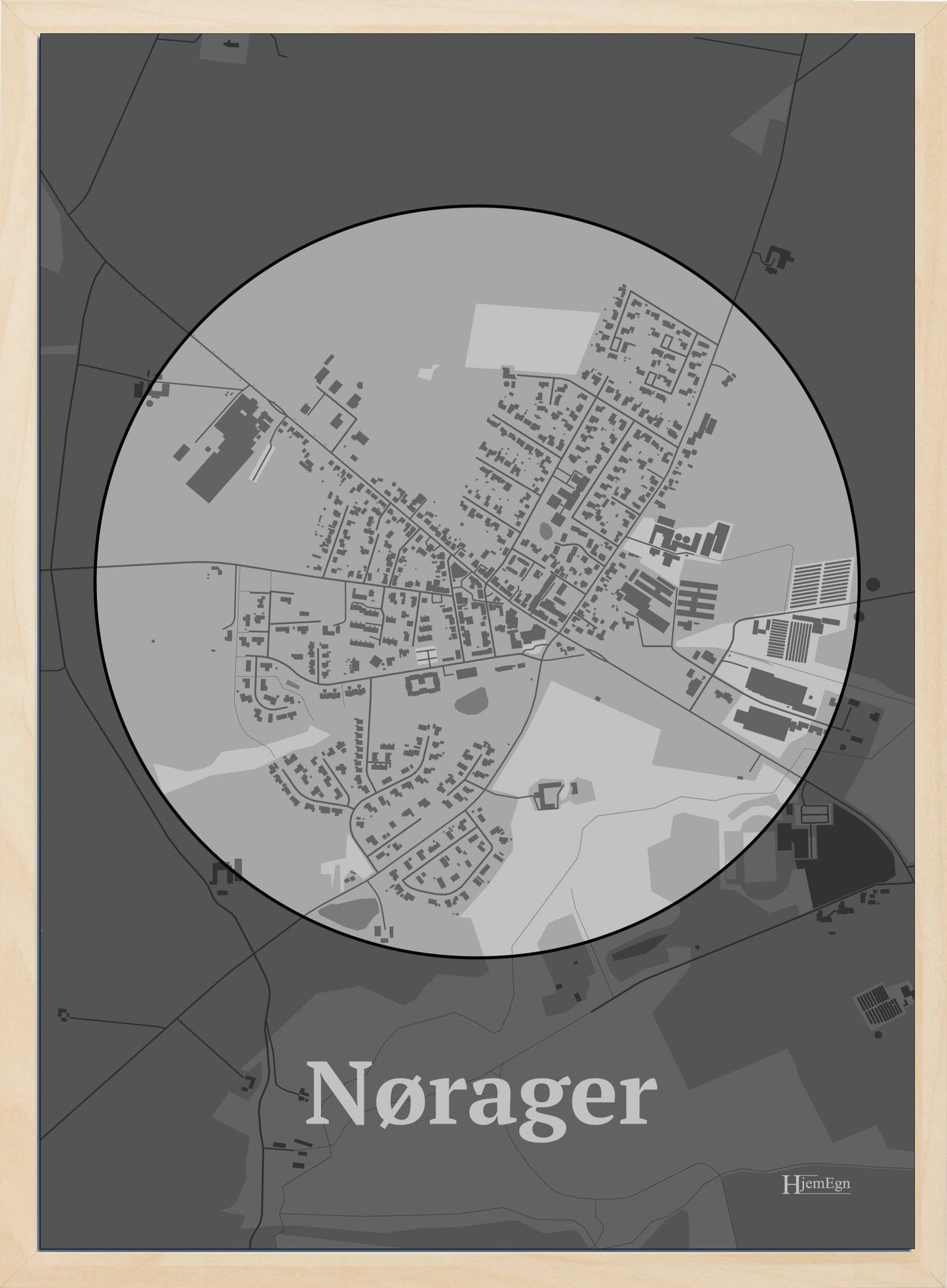 Nørager plakat i farve pastel grå og HjemEgn.dk design centrum. Design bykort for Nørager