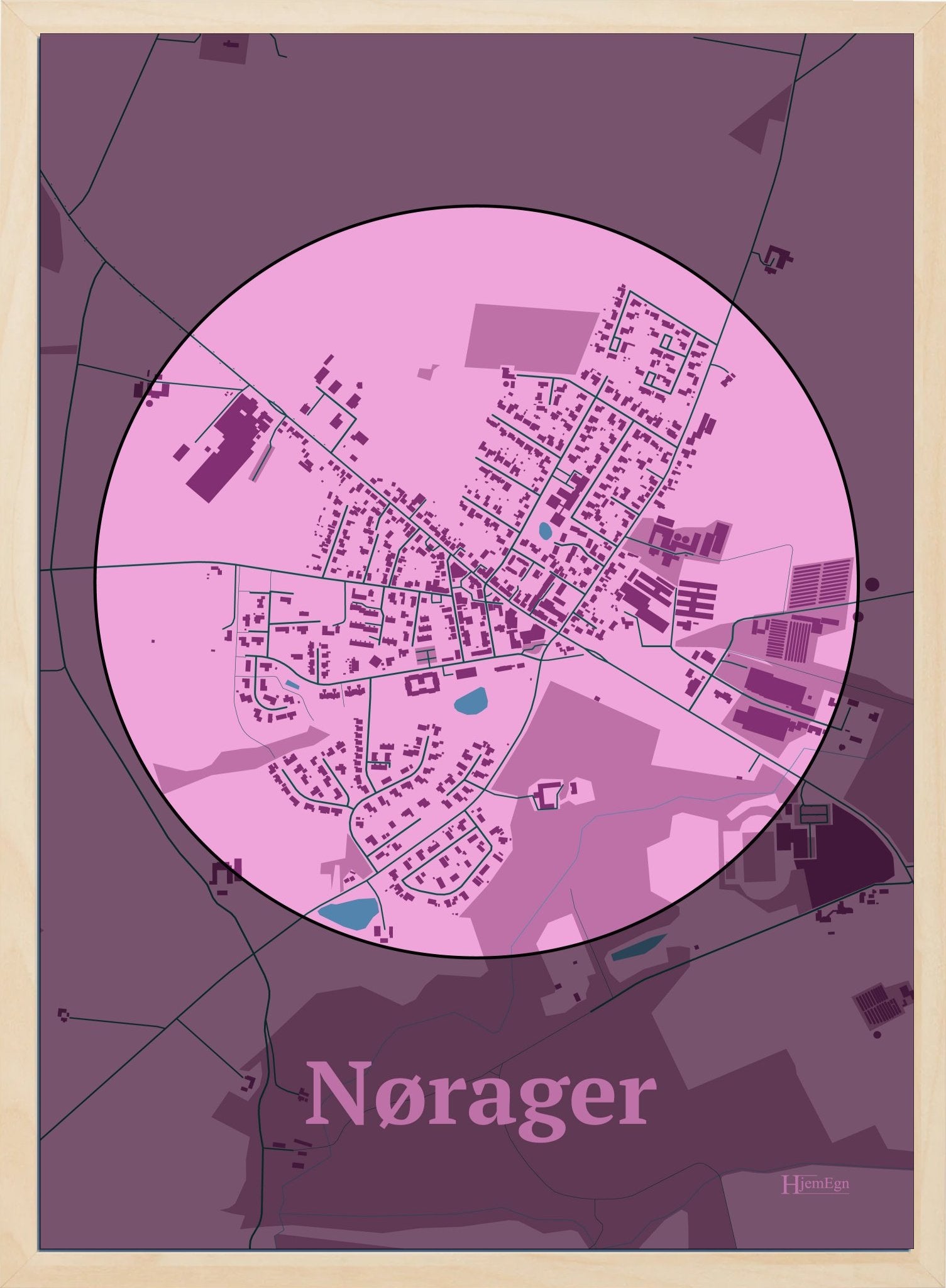 Nørager plakat i farve pastel rød og HjemEgn.dk design centrum. Design bykort for Nørager