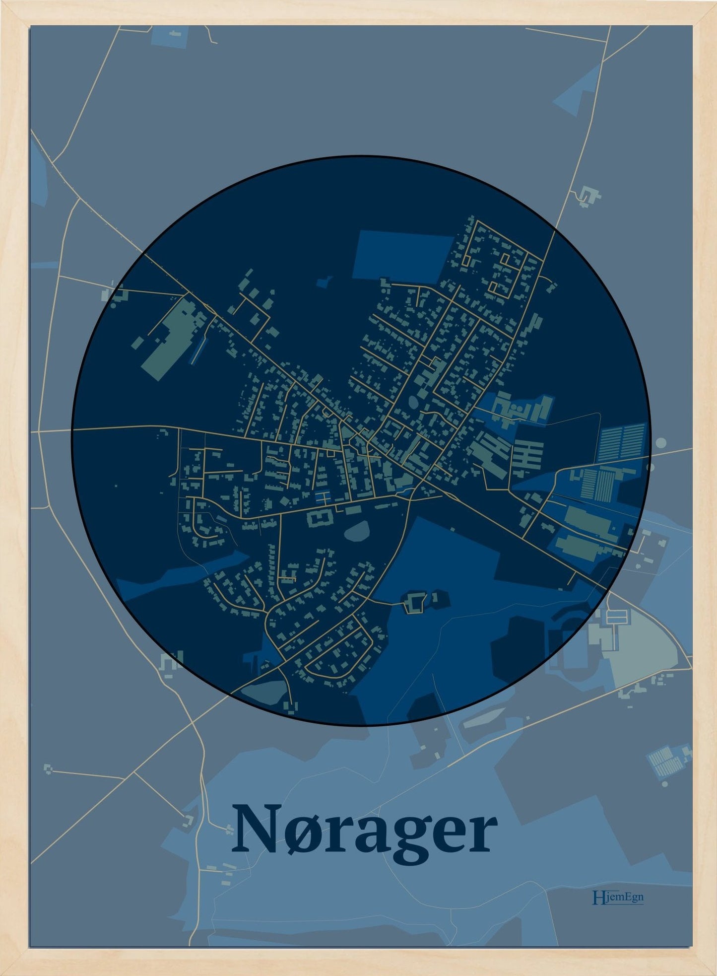 Nørager plakat i farve mørk blå og HjemEgn.dk design centrum. Design bykort for Nørager