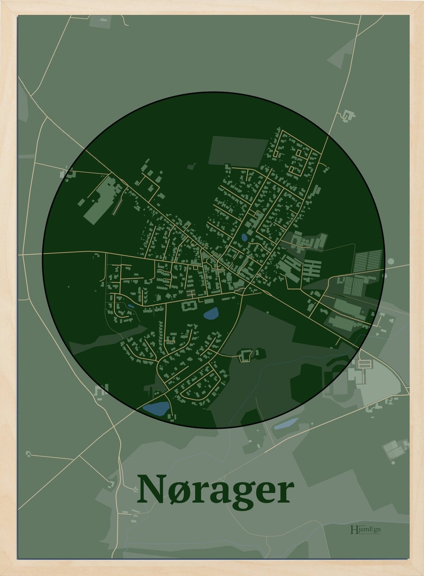 Nørager plakat i farve mørk grøn og HjemEgn.dk design centrum. Design bykort for Nørager