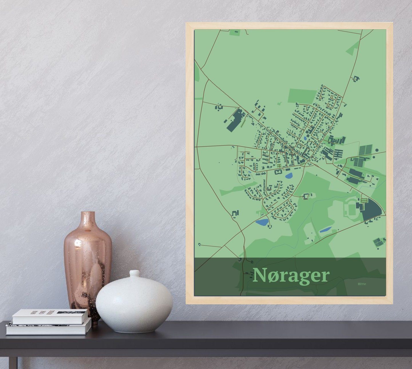 Nørager plakat i farve  og HjemEgn.dk design firkantet. Design bykort for Nørager