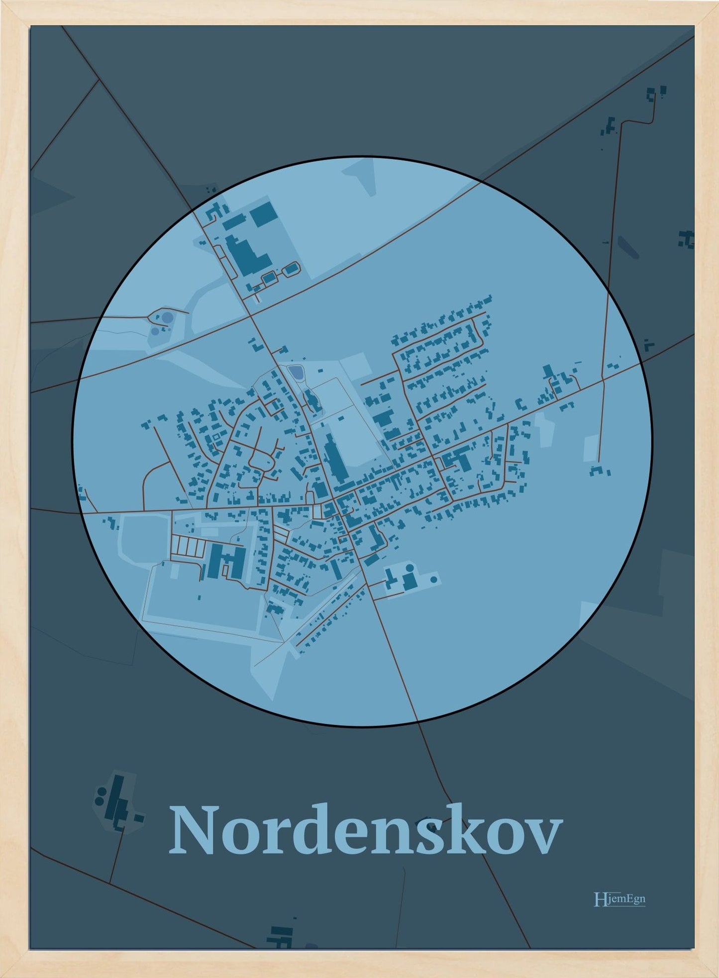 Nordenskov plakat i farve pastel blå og HjemEgn.dk design centrum. Design bykort for Nordenskov