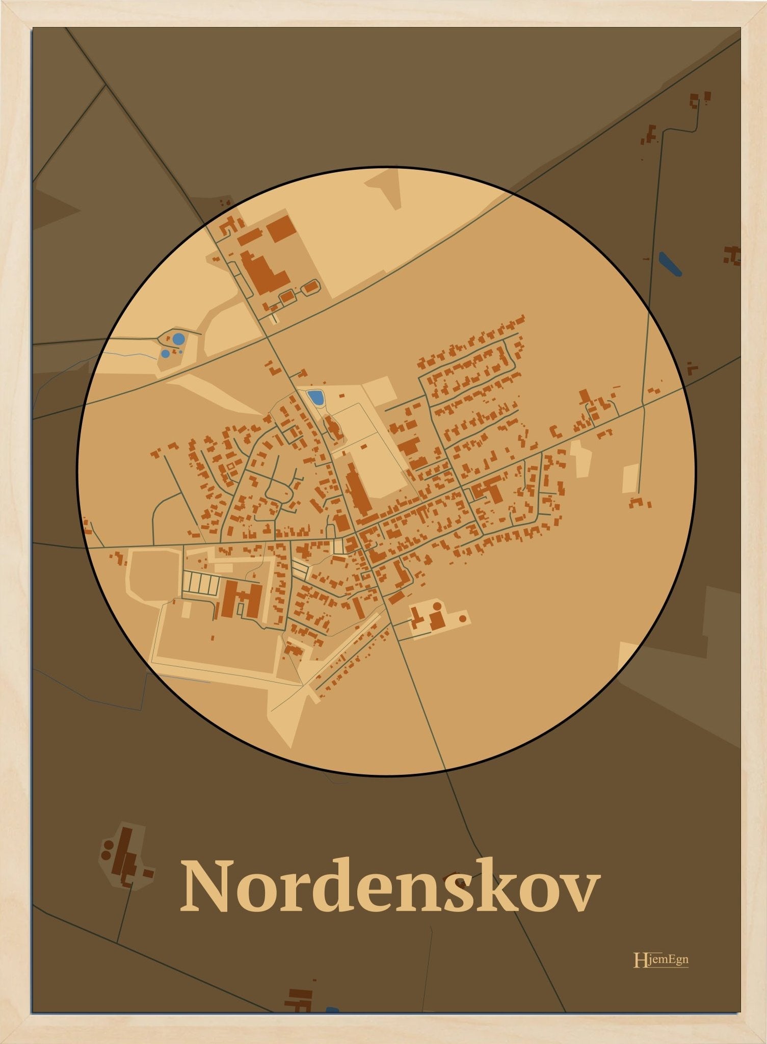 Nordenskov plakat i farve pastel brun og HjemEgn.dk design centrum. Design bykort for Nordenskov