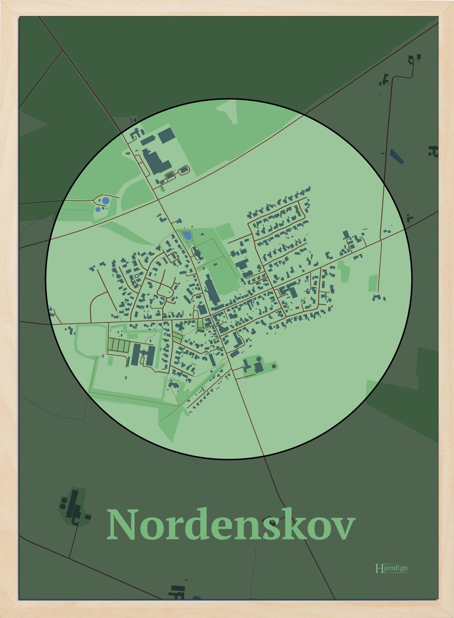Nordenskov plakat i farve pastel grøn og HjemEgn.dk design centrum. Design bykort for Nordenskov