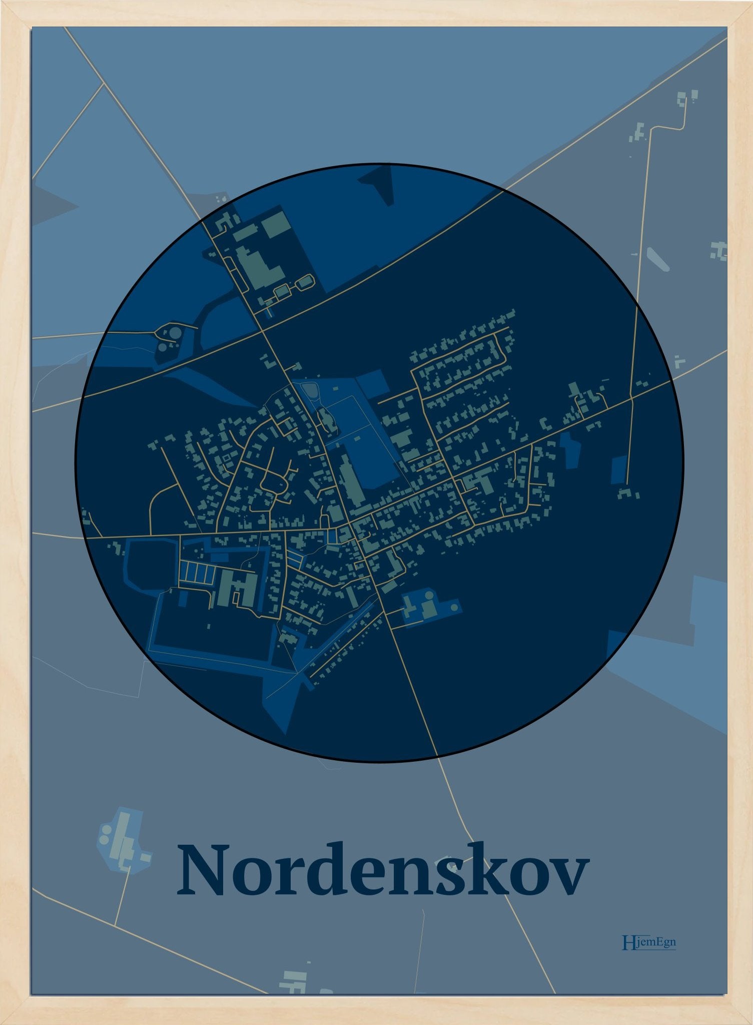 Nordenskov plakat i farve mørk blå og HjemEgn.dk design centrum. Design bykort for Nordenskov