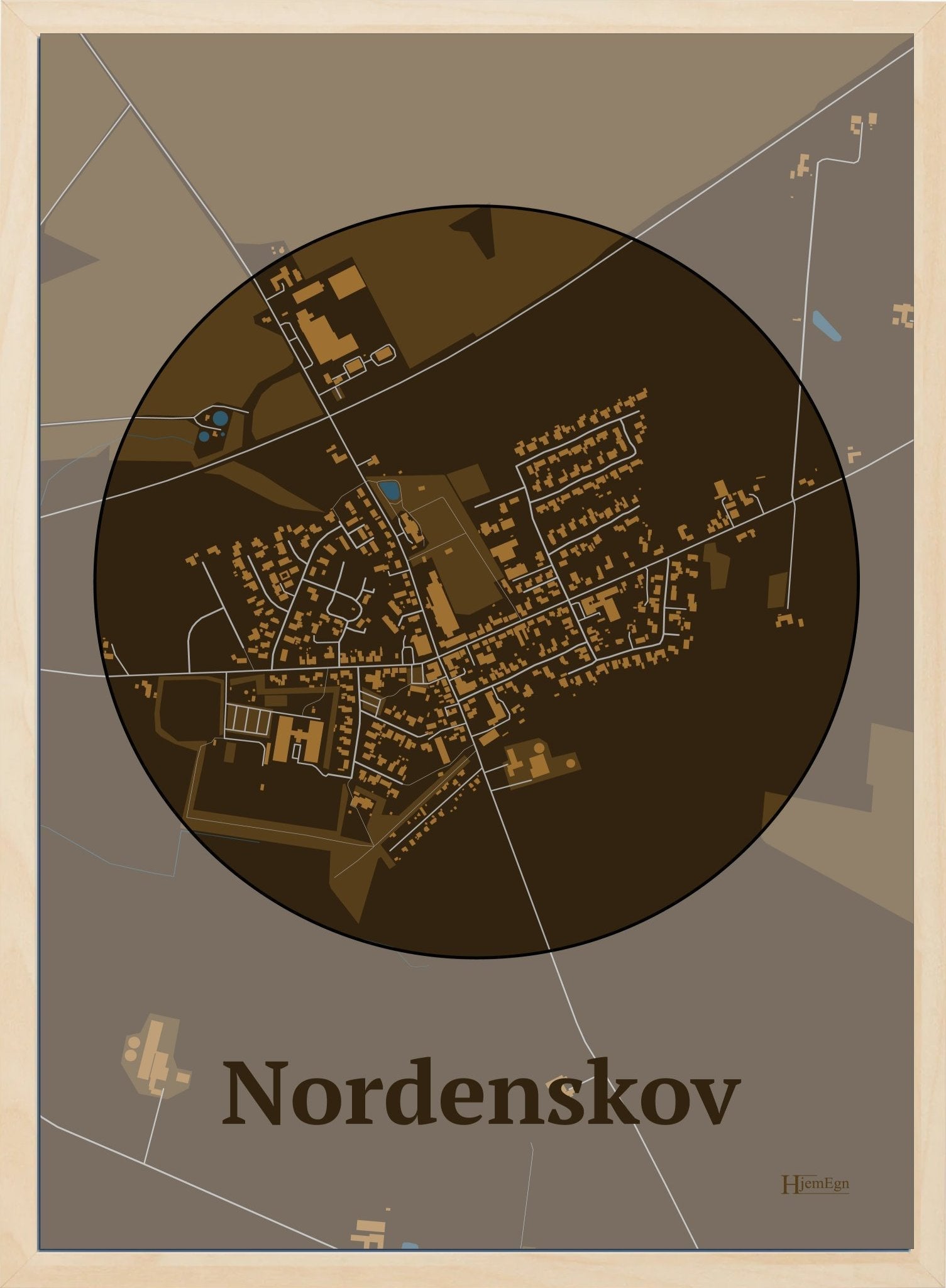 Nordenskov plakat i farve mørk brun og HjemEgn.dk design centrum. Design bykort for Nordenskov