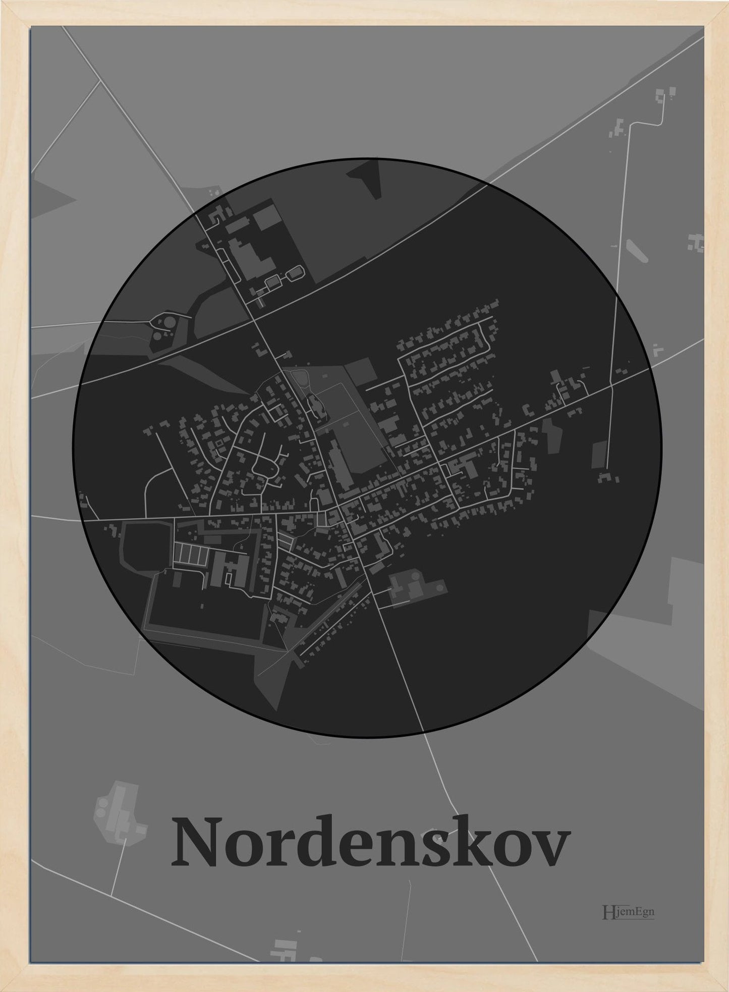Nordenskov plakat i farve mørk grå og HjemEgn.dk design centrum. Design bykort for Nordenskov