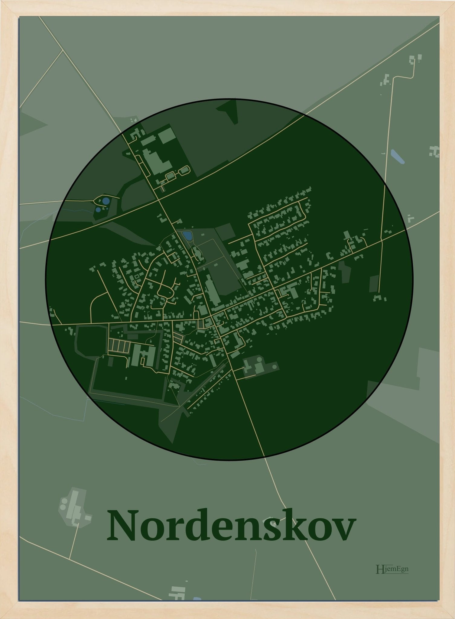 Nordenskov plakat i farve mørk grøn og HjemEgn.dk design centrum. Design bykort for Nordenskov