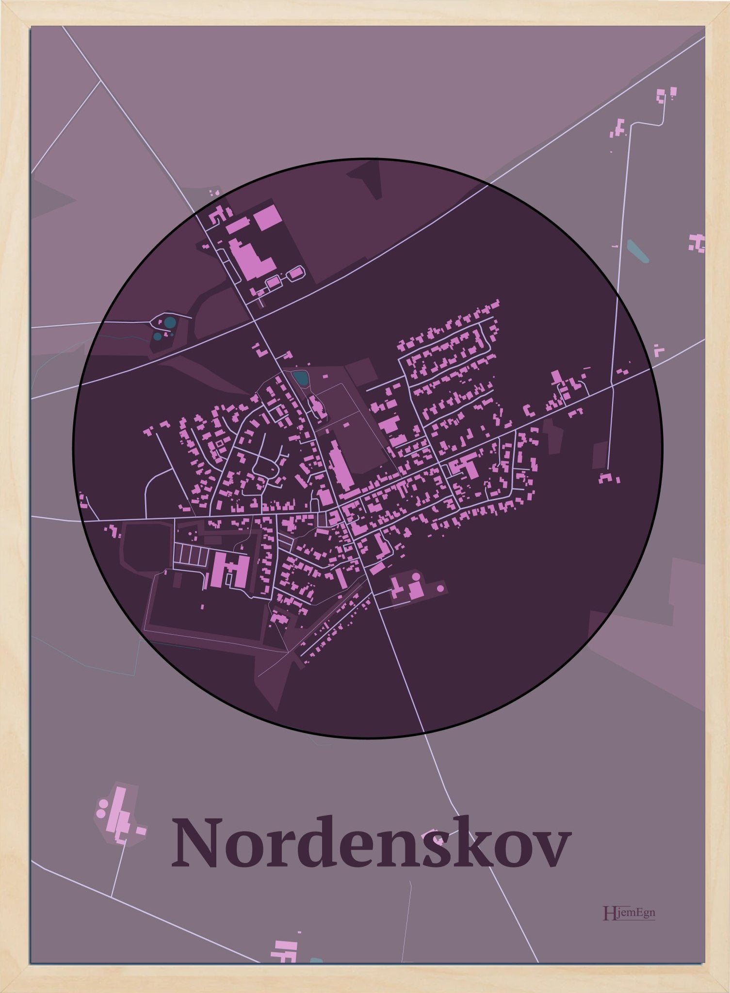 Nordenskov plakat i farve mørk rød og HjemEgn.dk design centrum. Design bykort for Nordenskov
