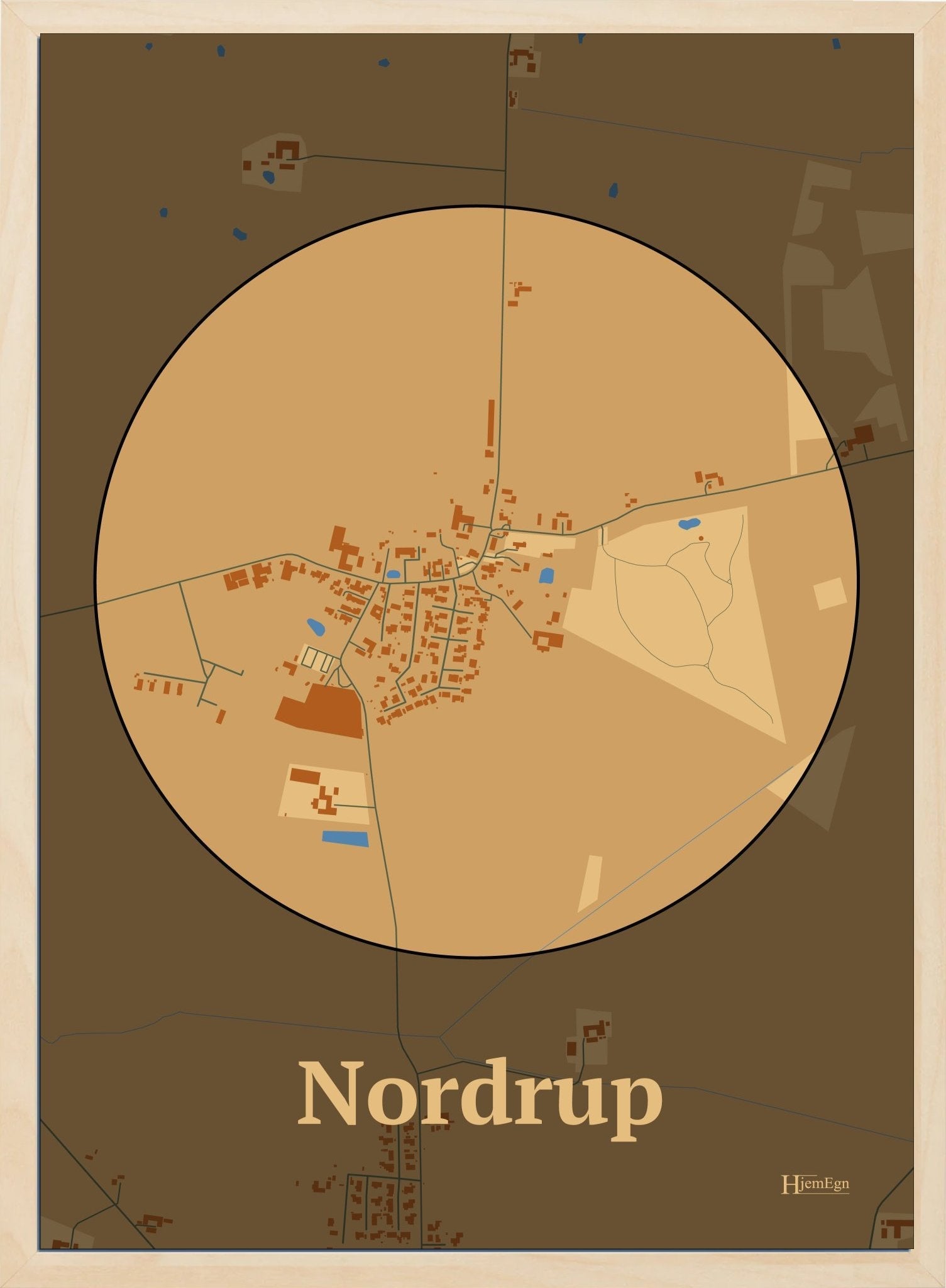 Nordrup plakat i farve pastel brun og HjemEgn.dk design centrum. Design bykort for Nordrup