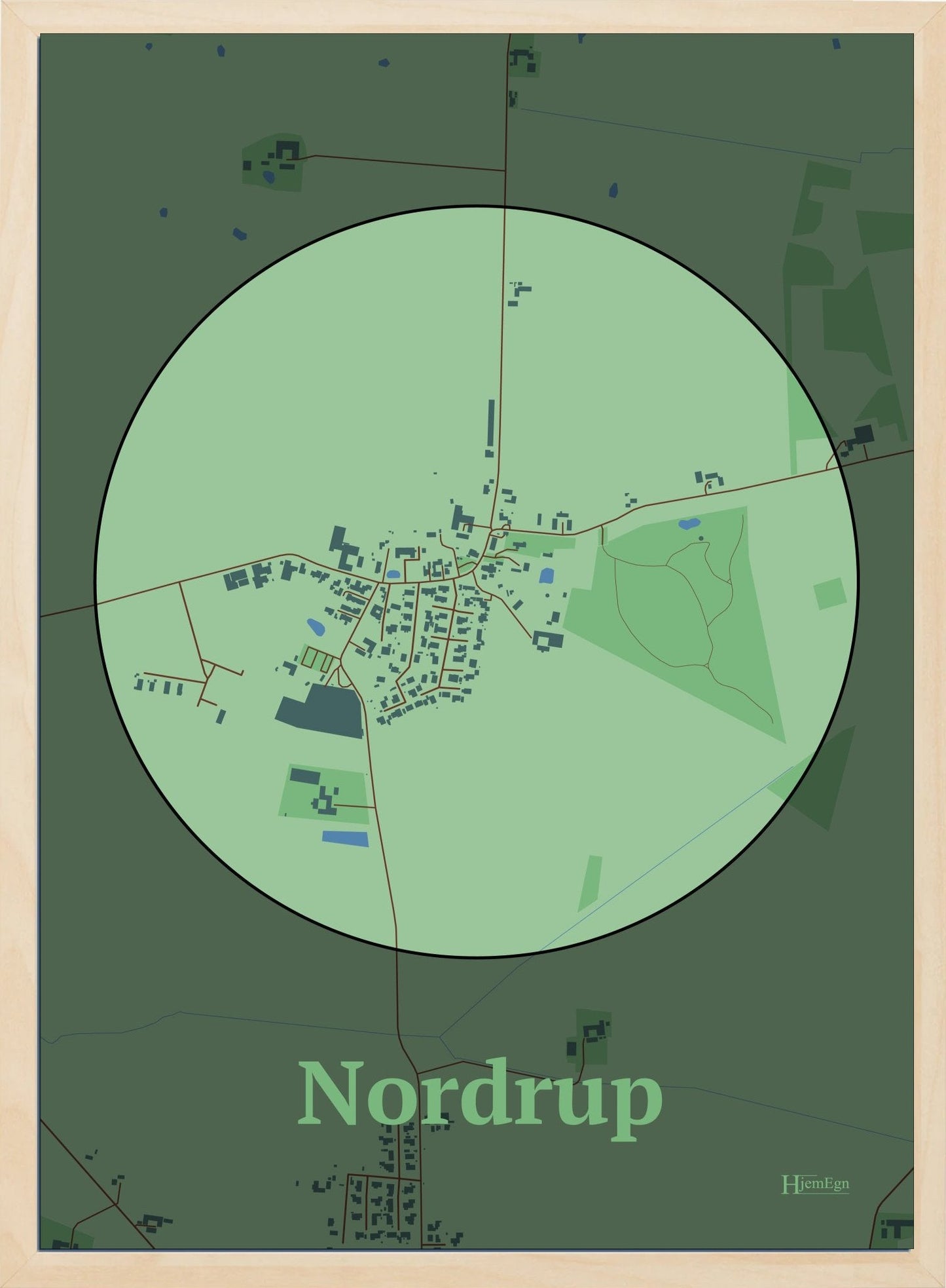 Nordrup plakat i farve pastel grøn og HjemEgn.dk design centrum. Design bykort for Nordrup