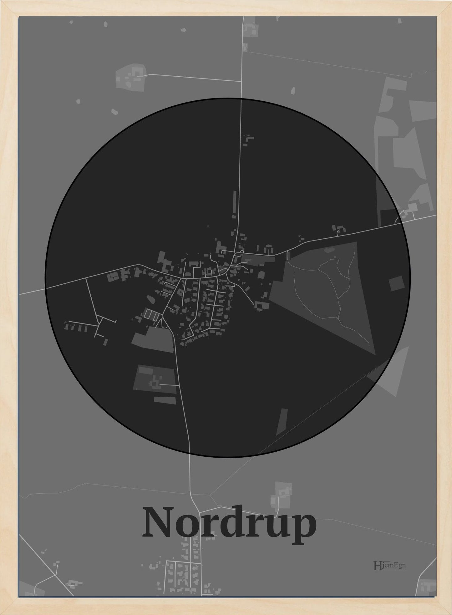 Nordrup plakat i farve mørk grå og HjemEgn.dk design centrum. Design bykort for Nordrup