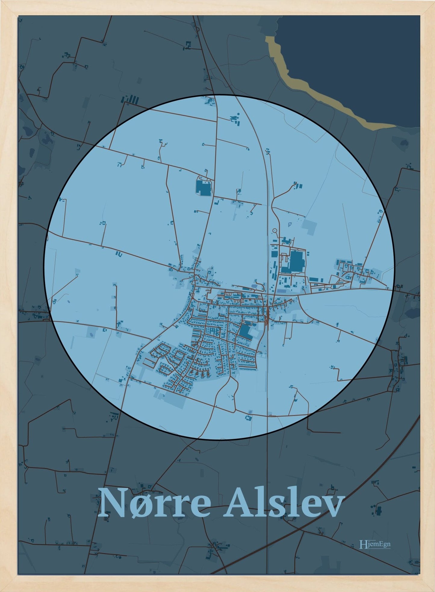 Nørre Alslev plakat i farve pastel blå og HjemEgn.dk design centrum. Design bykort for Nørre Alslev