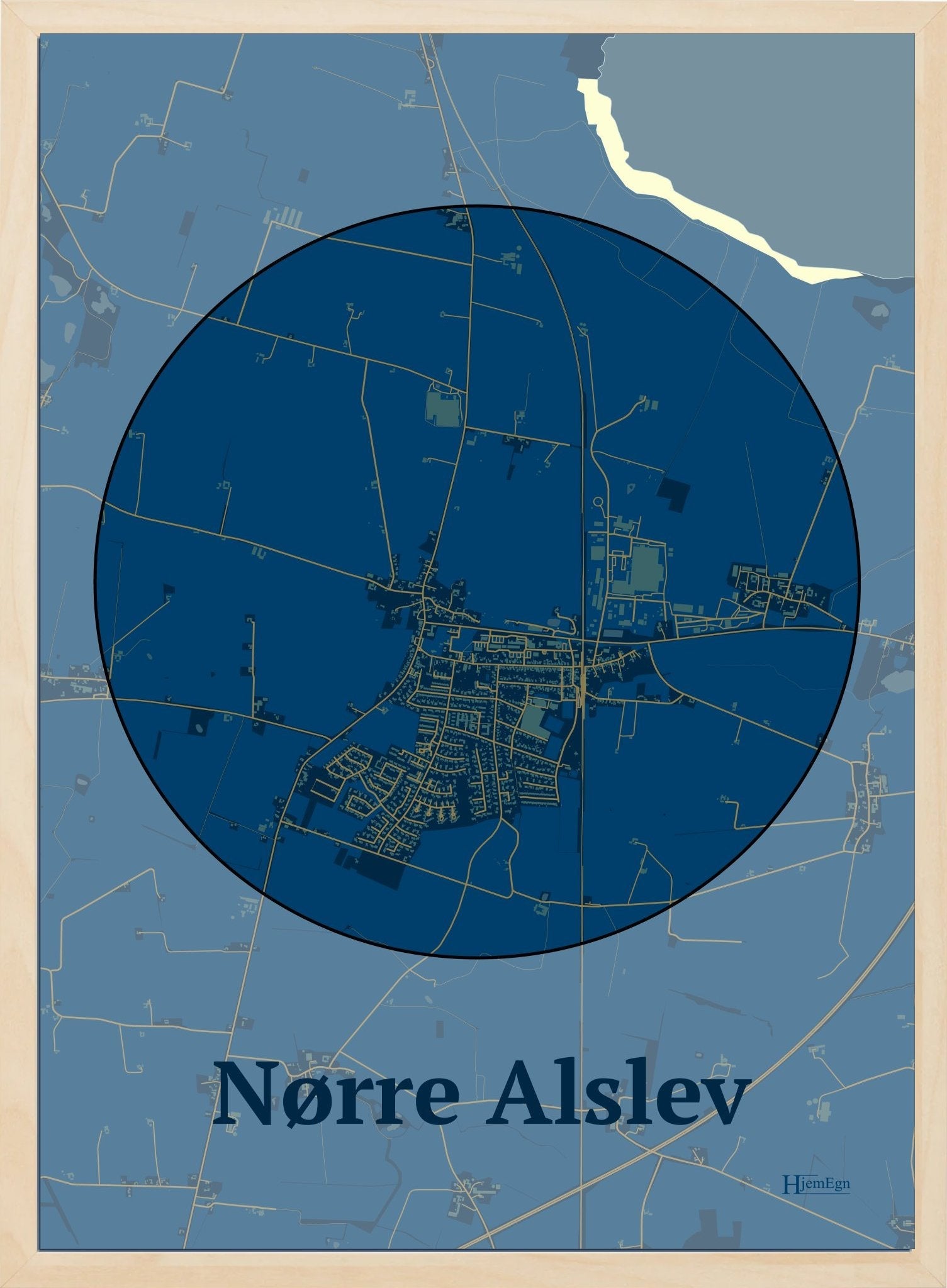 Nørre Alslev plakat i farve mørk blå og HjemEgn.dk design centrum. Design bykort for Nørre Alslev