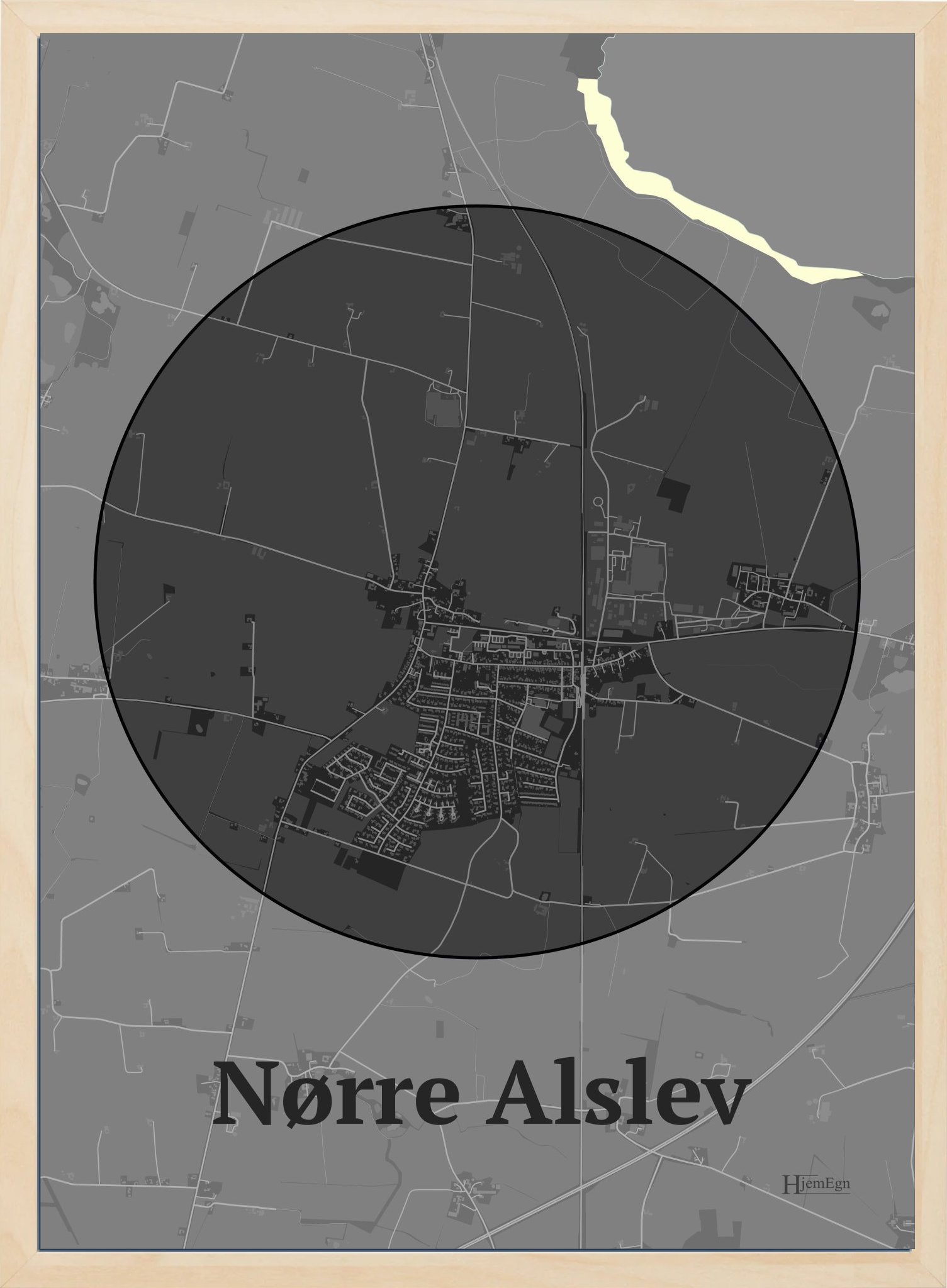 Nørre Alslev plakat i farve mørk grå og HjemEgn.dk design centrum. Design bykort for Nørre Alslev