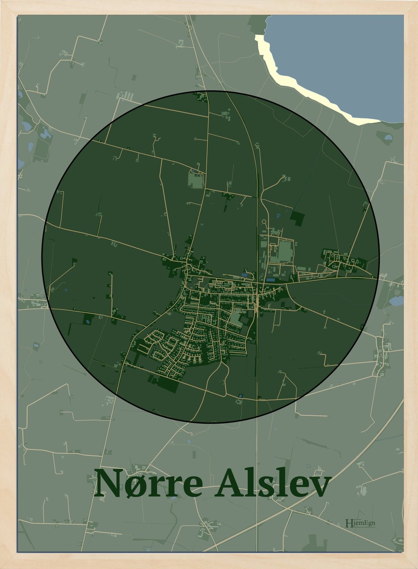 Nørre Alslev plakat i farve mørk grøn og HjemEgn.dk design centrum. Design bykort for Nørre Alslev