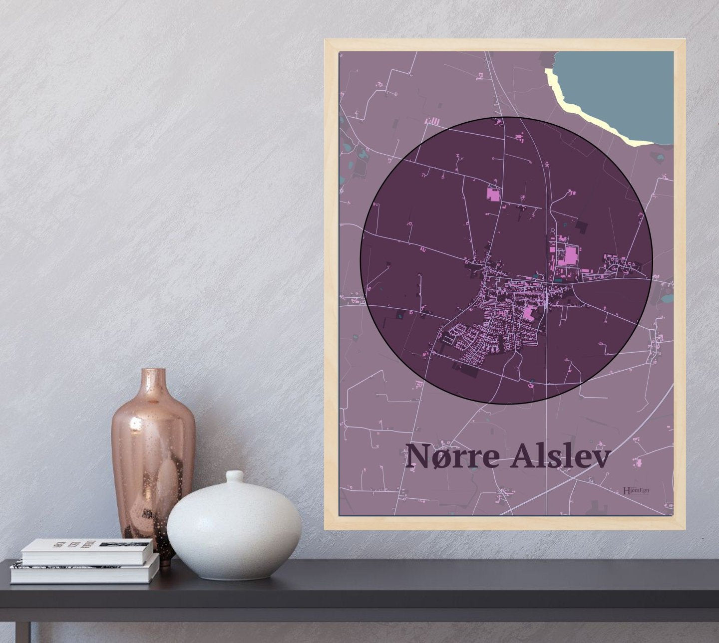 Nørre Alslev plakat i farve  og HjemEgn.dk design centrum. Design bykort for Nørre Alslev
