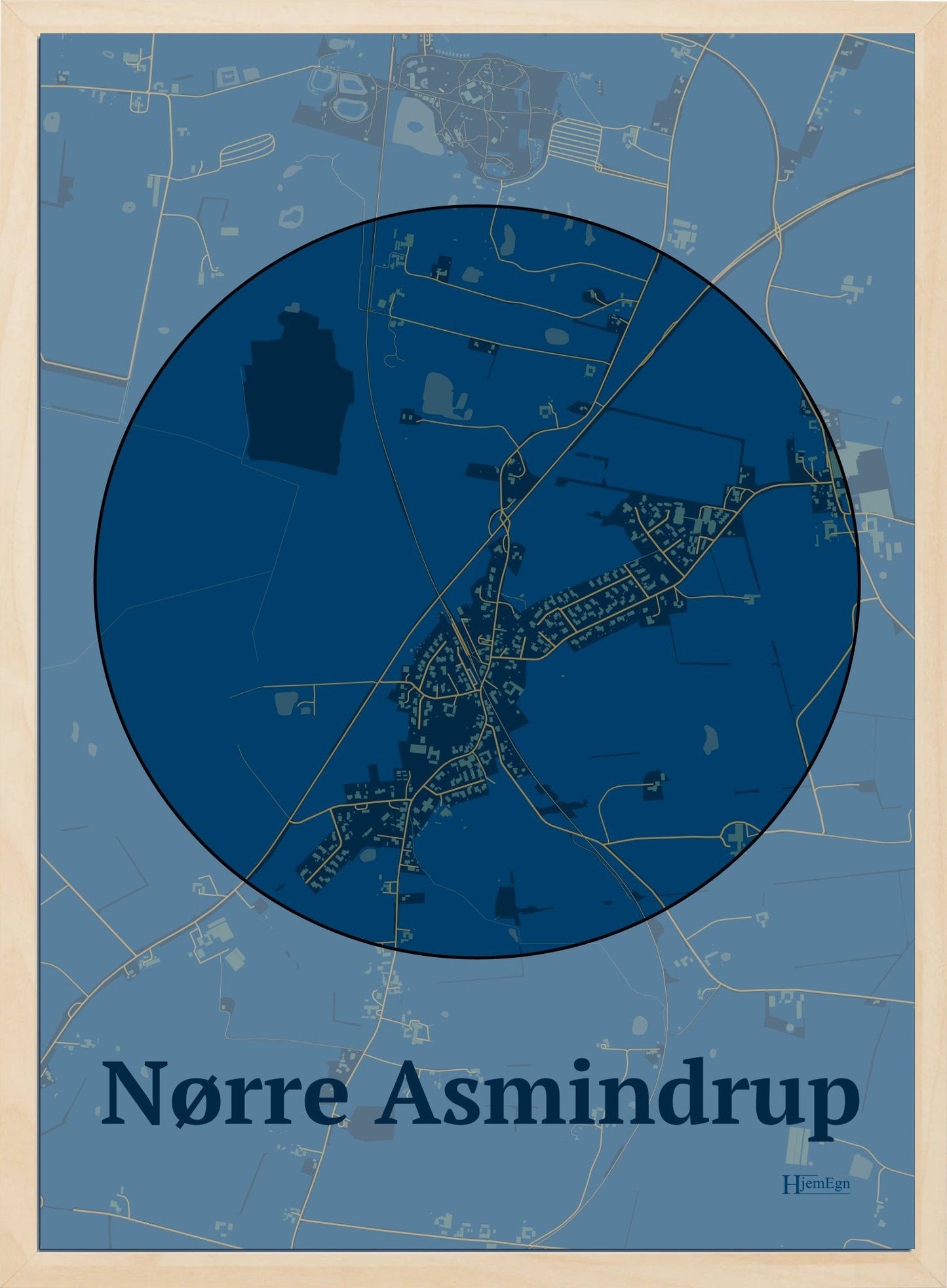 Nørre Asmindrup plakat i farve mørk blå og HjemEgn.dk design centrum. Design bykort for Nørre Asmindrup