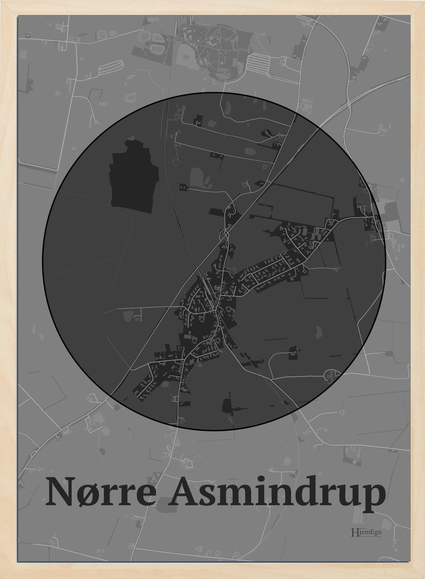 Nørre Asmindrup plakat i farve mørk grå og HjemEgn.dk design centrum. Design bykort for Nørre Asmindrup