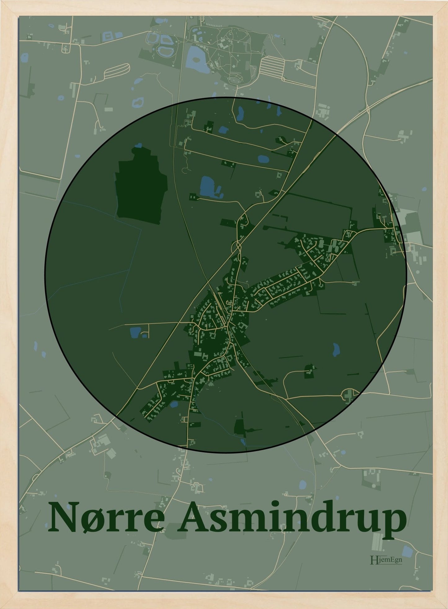 Nørre Asmindrup plakat i farve mørk grøn og HjemEgn.dk design centrum. Design bykort for Nørre Asmindrup