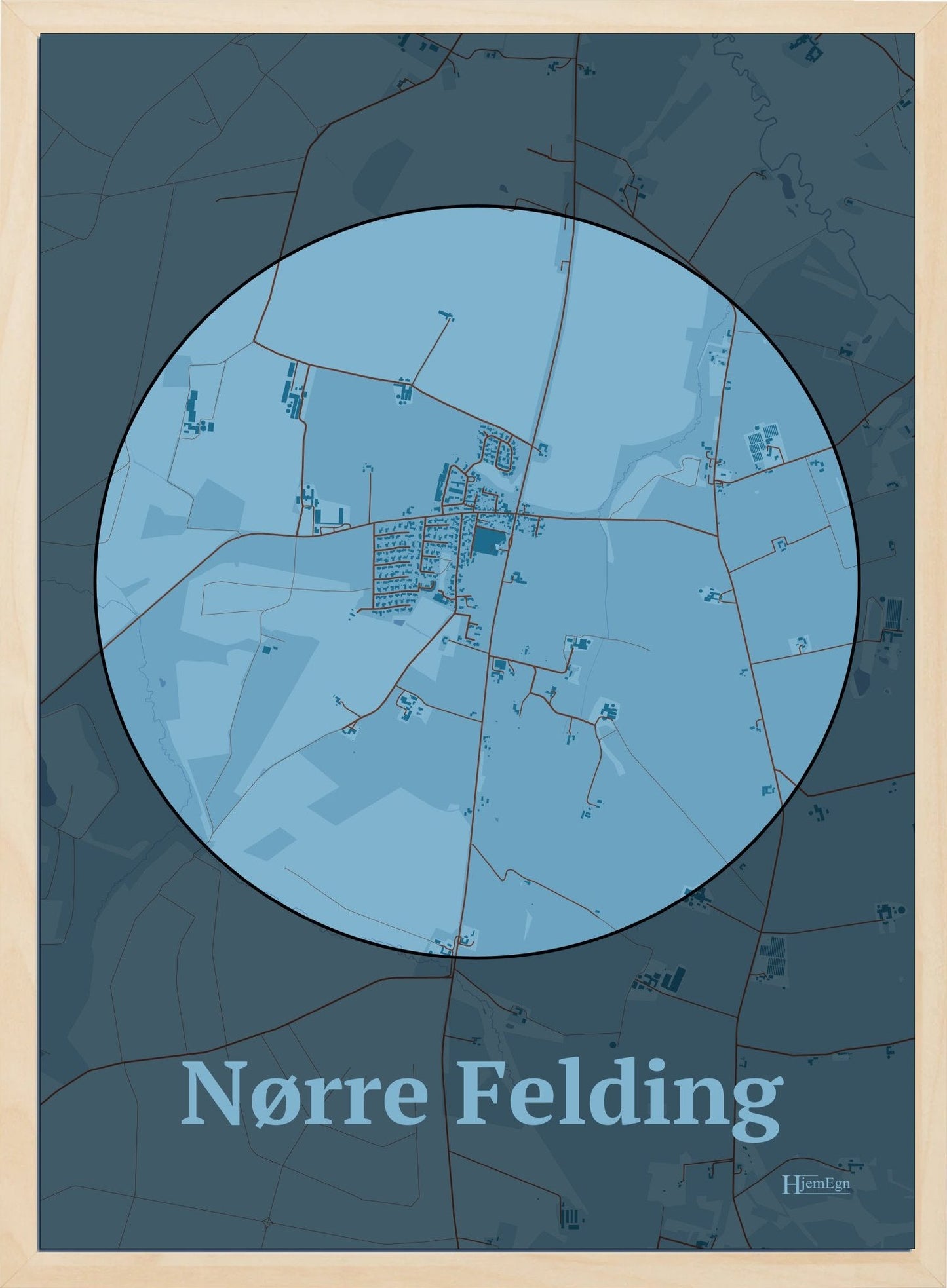 Nørre Felding plakat i farve pastel blå og HjemEgn.dk design centrum. Design bykort for Nørre Felding