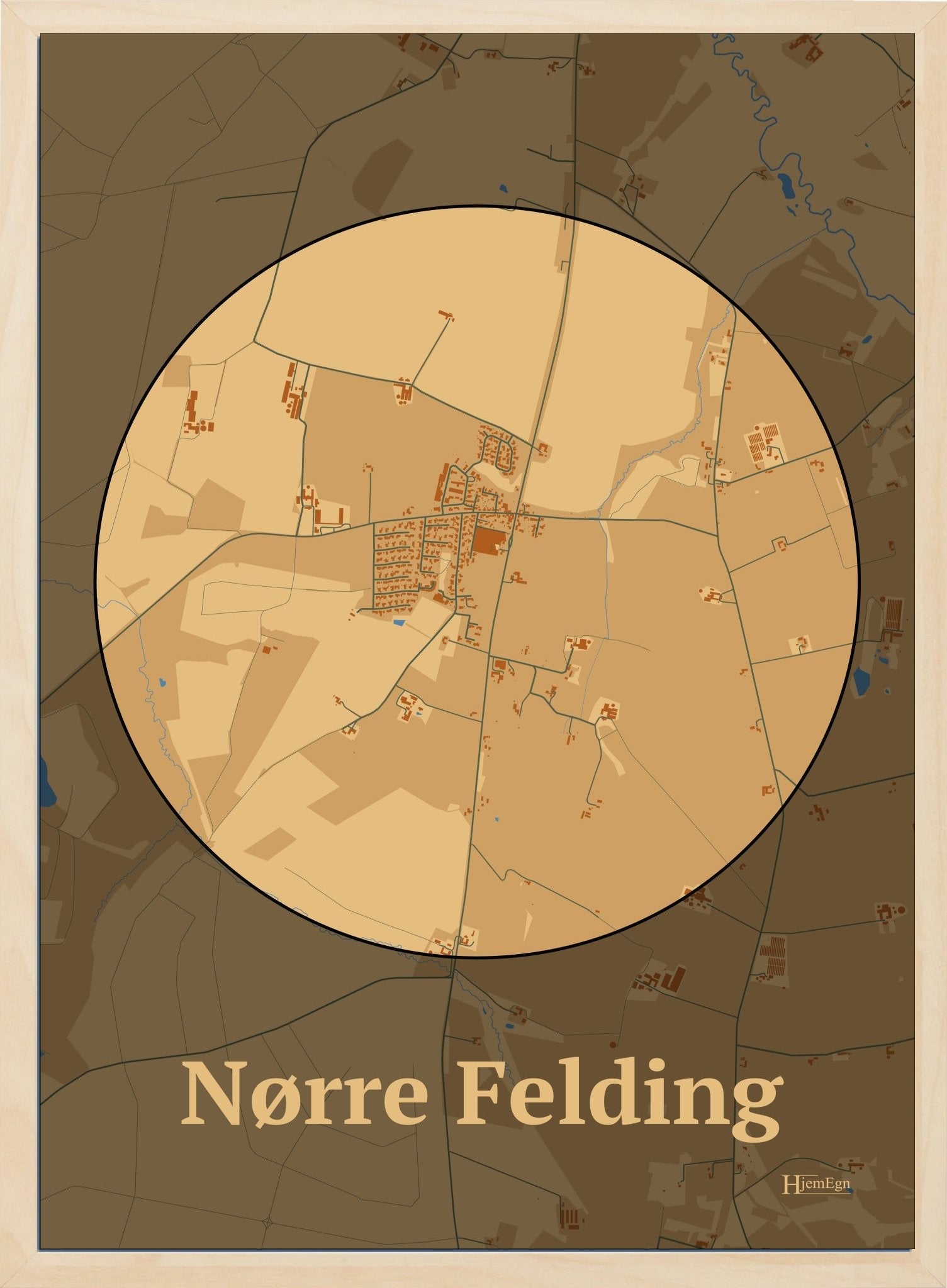 Nørre Felding plakat i farve pastel brun og HjemEgn.dk design centrum. Design bykort for Nørre Felding