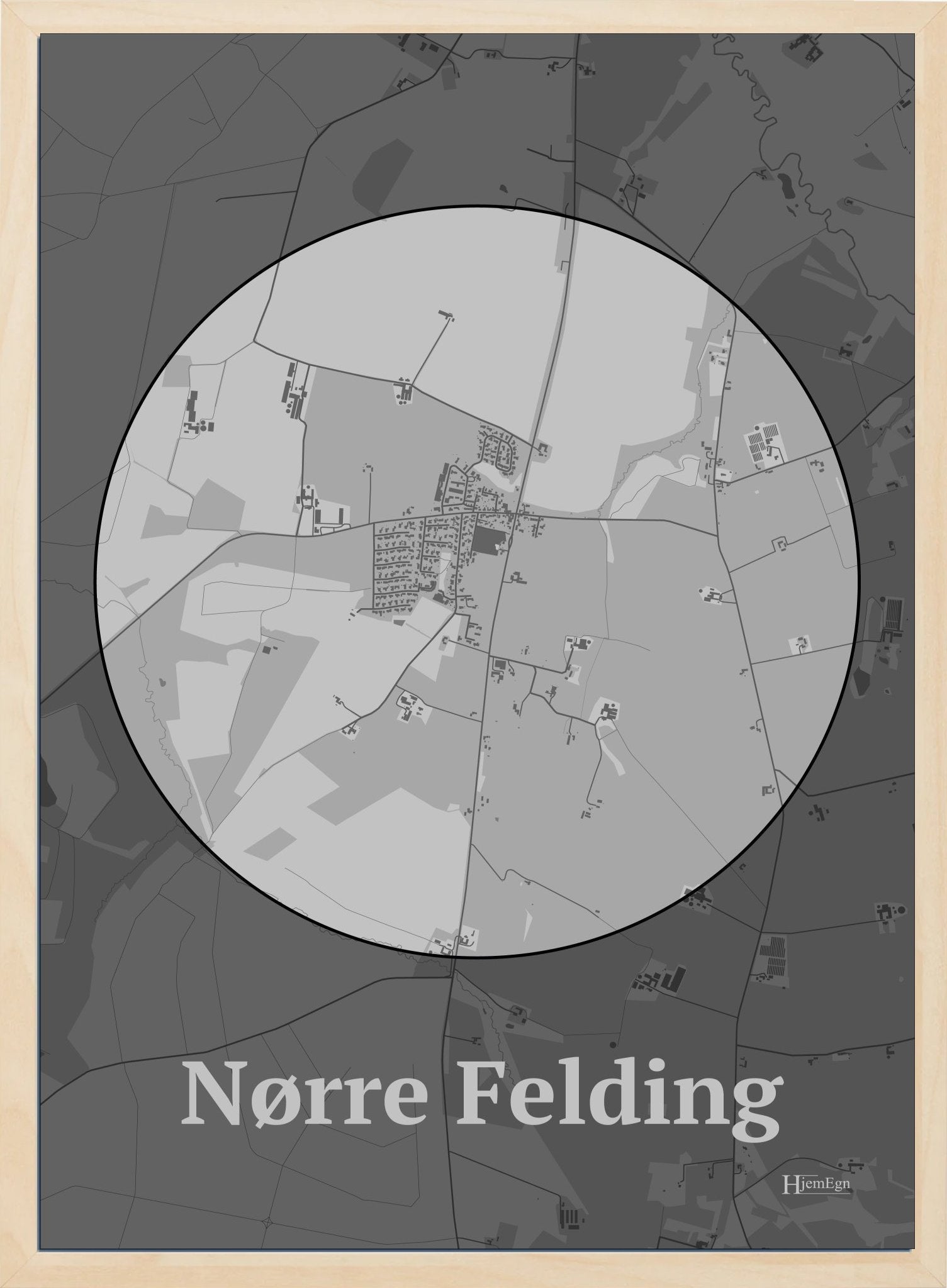 Nørre Felding plakat i farve pastel grå og HjemEgn.dk design centrum. Design bykort for Nørre Felding