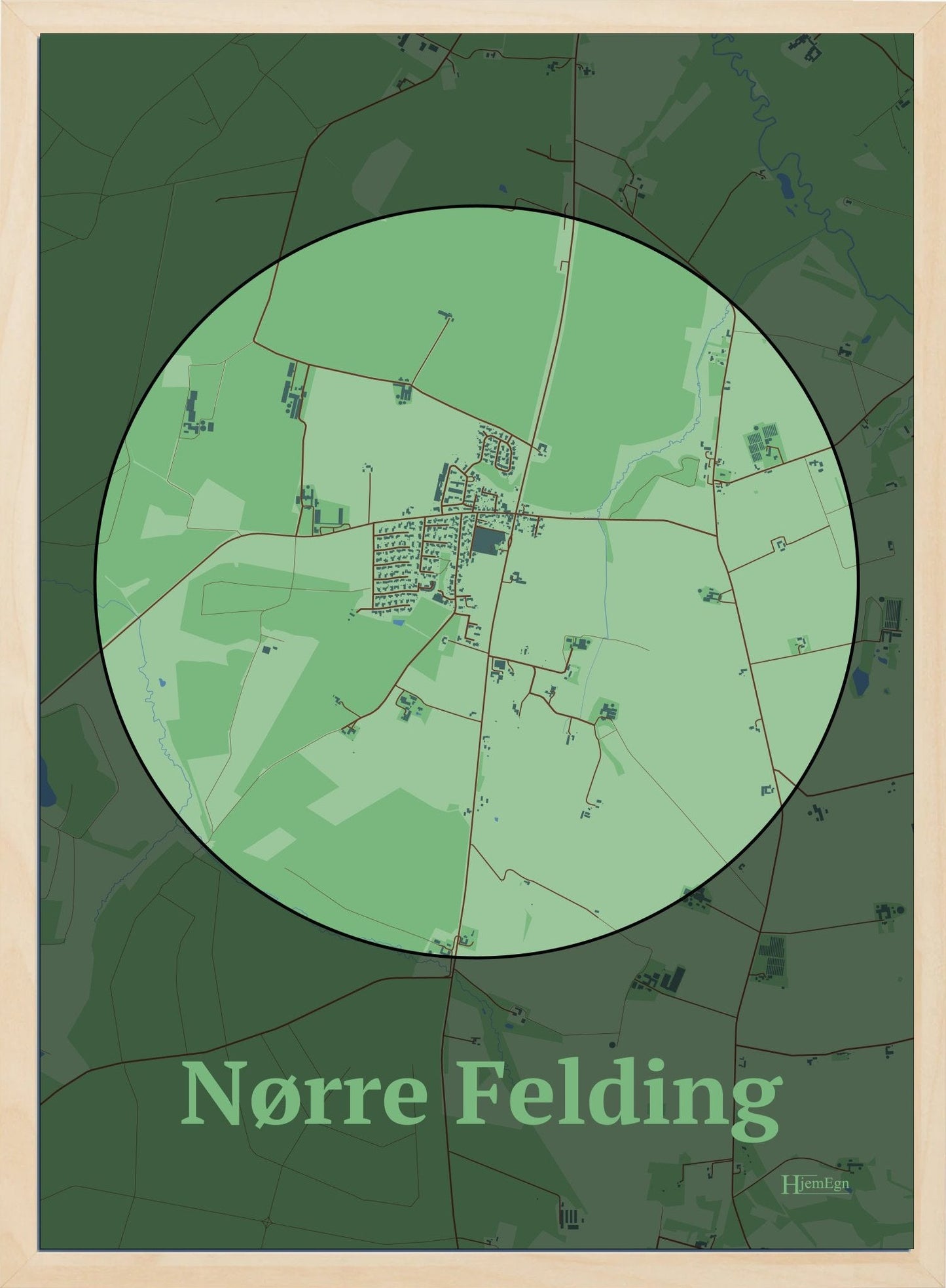 Nørre Felding plakat i farve pastel grøn og HjemEgn.dk design centrum. Design bykort for Nørre Felding